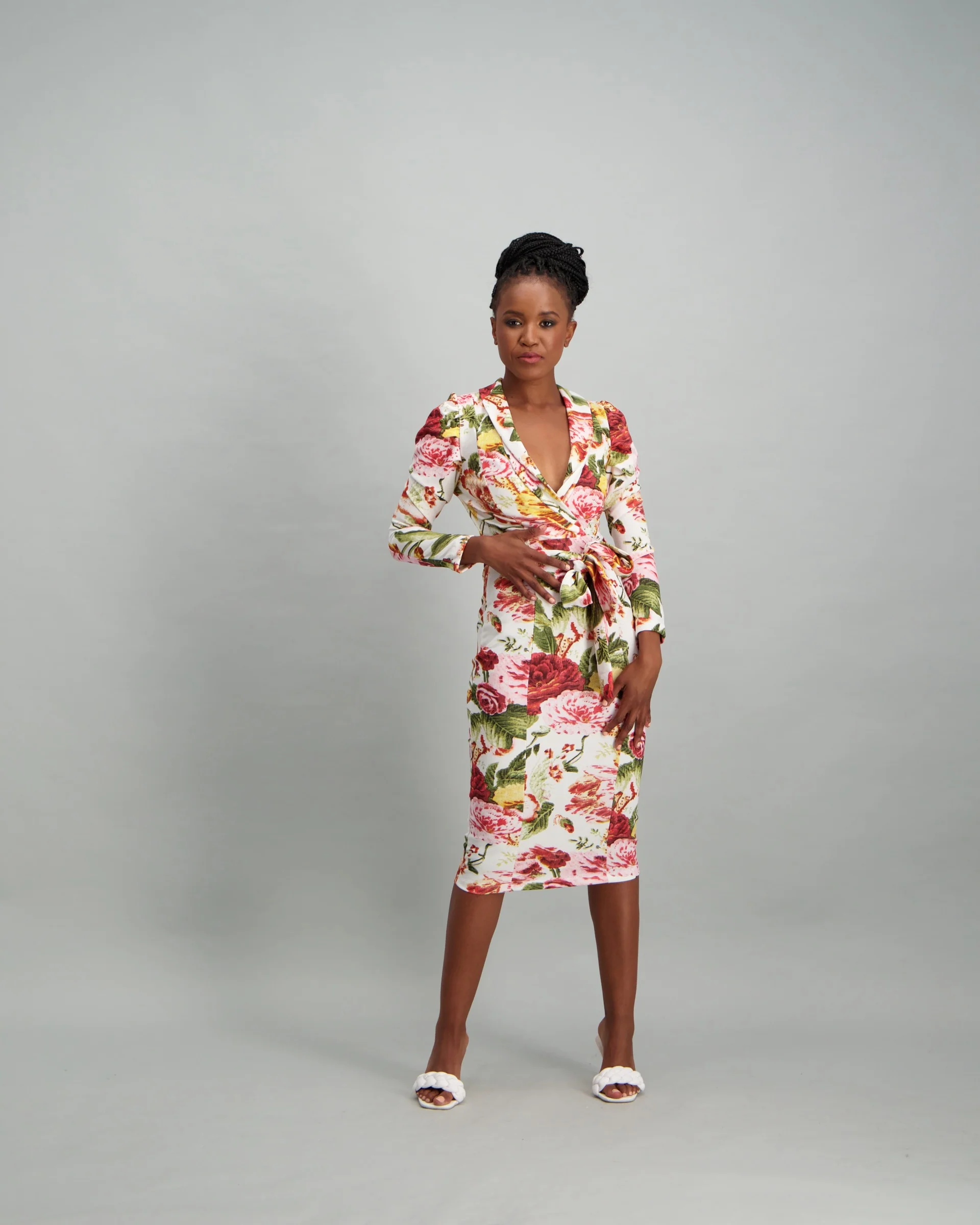 Long Sleeve Tie Detail Dress with Roll Collar - Floral - Image 2