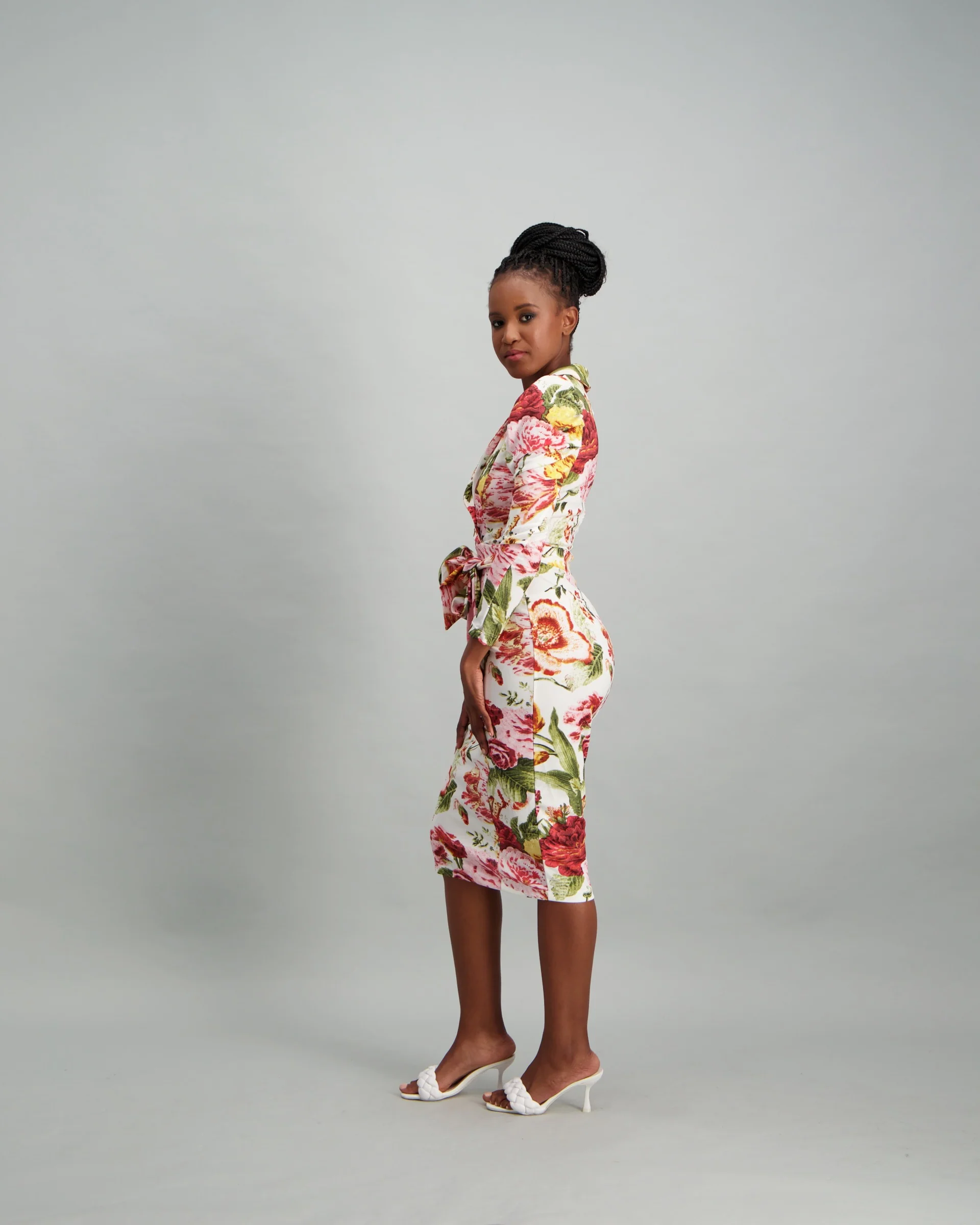 Long Sleeve Tie Detail Dress with Roll Collar - Floral - Image 3