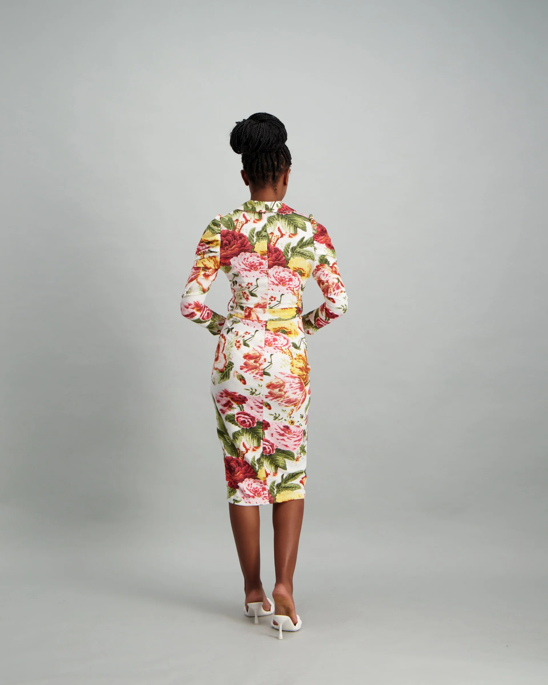 Long Sleeve Tie Detail Dress with Roll Collar - Floral - Image 4