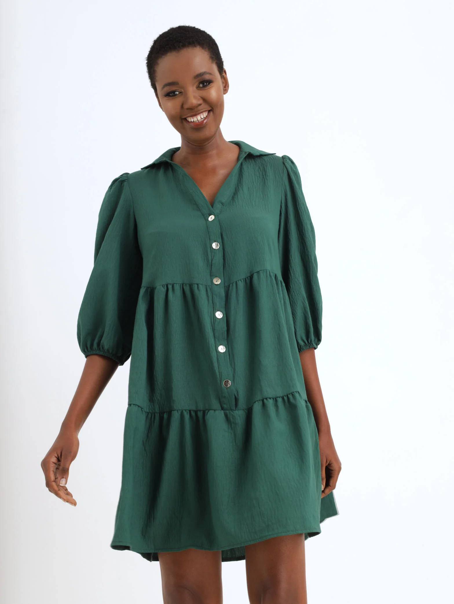 Long Sleeve Tiered Large Button Dress - Green