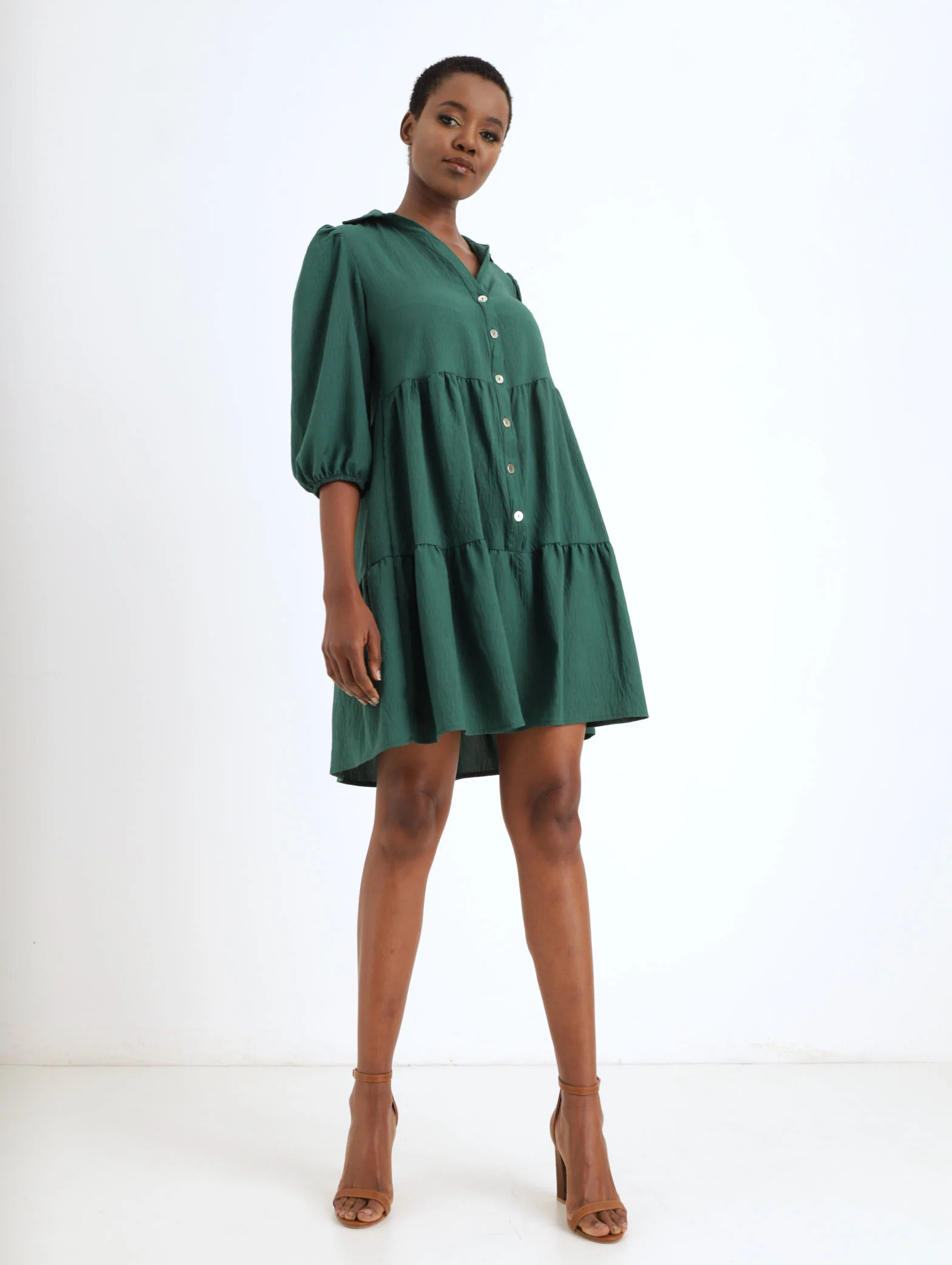 Long Sleeve Tiered Large Button Dress - Green - Image 2