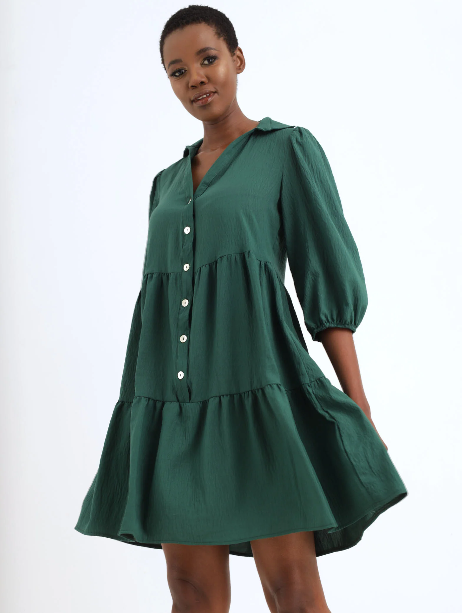 Long Sleeve Tiered Large Button Dress - Green - Image 3