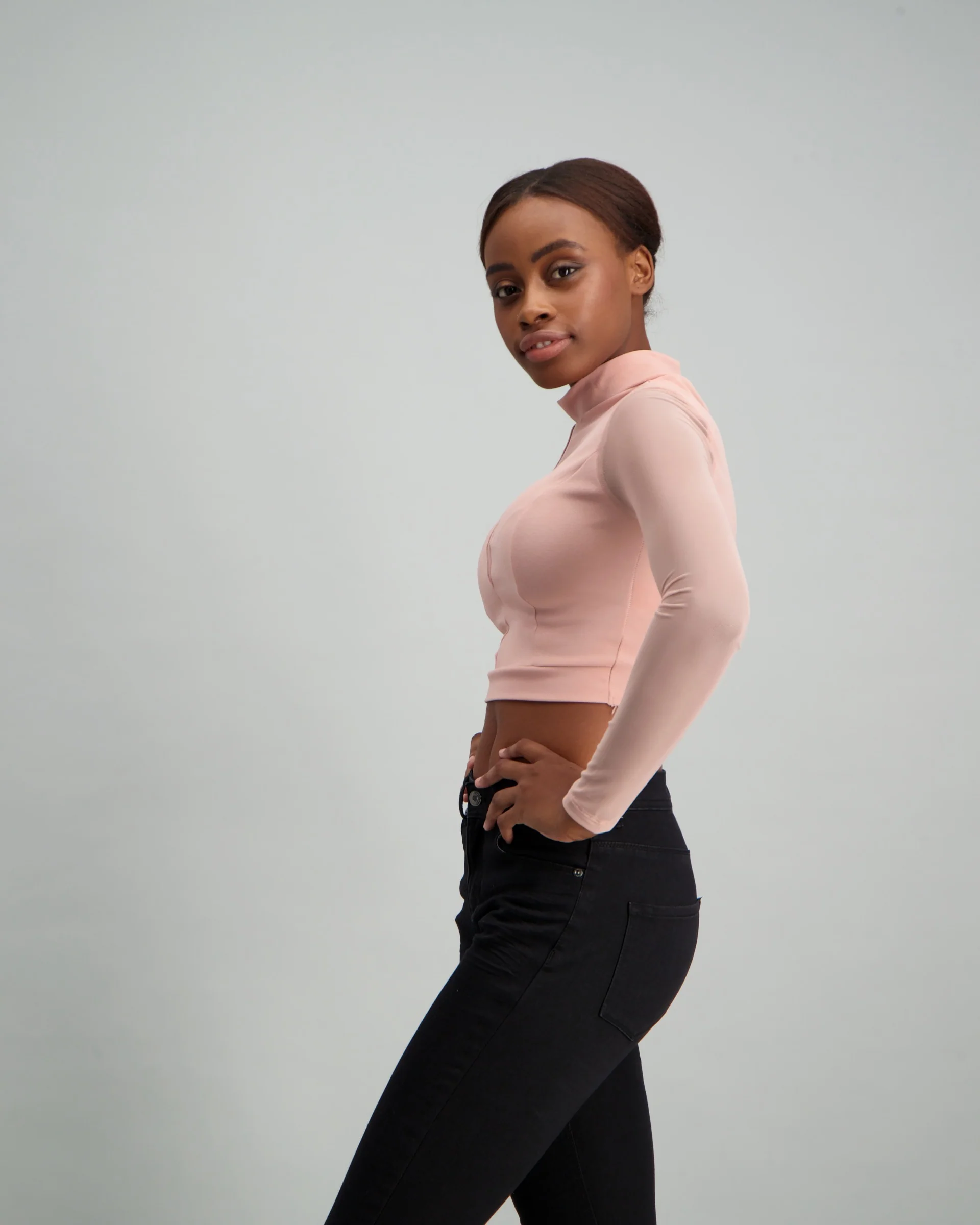 Long Sleeve Turtle Neck Mesh Inset Top - Blush - Image 4