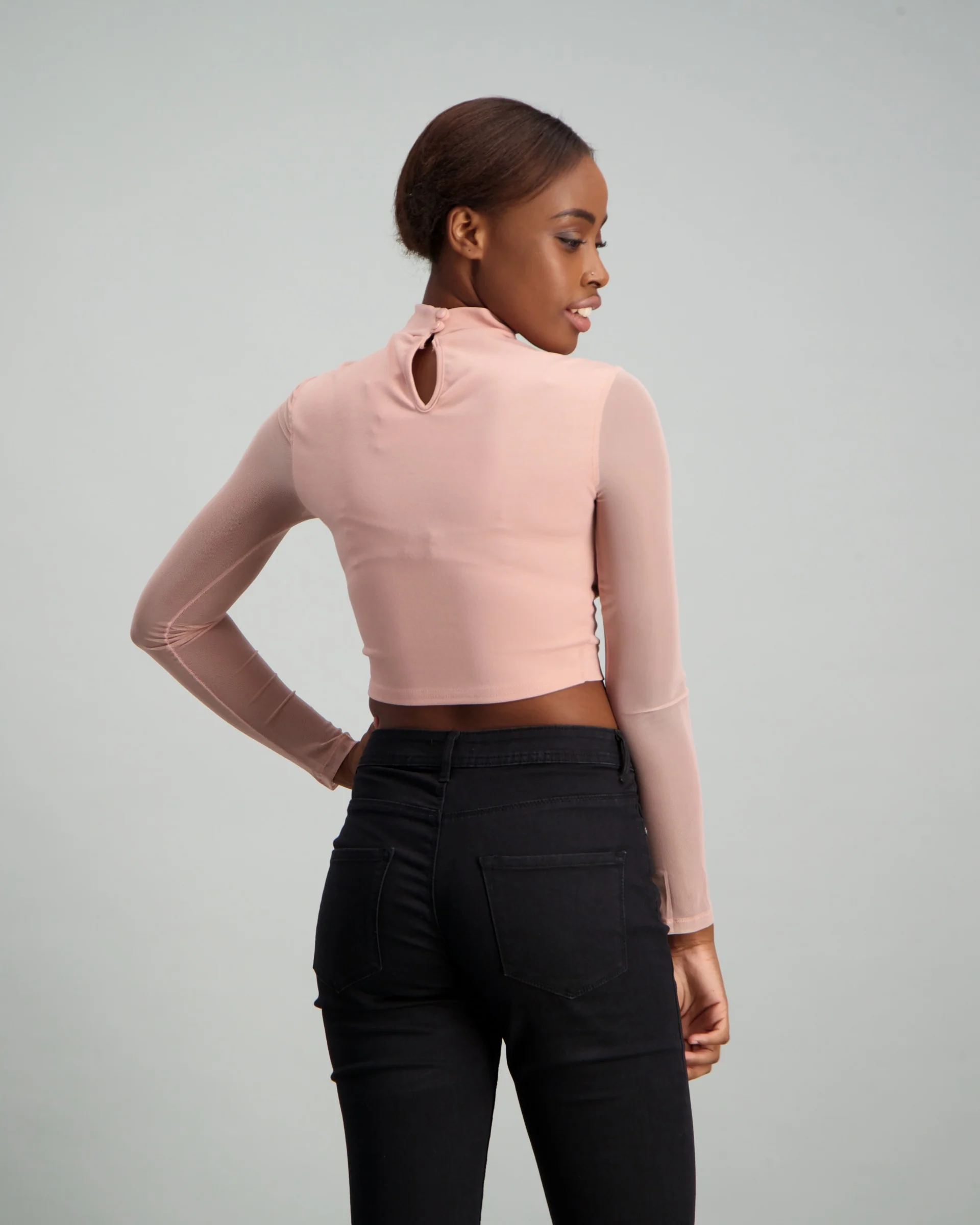 Long Sleeve Turtle Neck Mesh Inset Top - Blush - Image 5