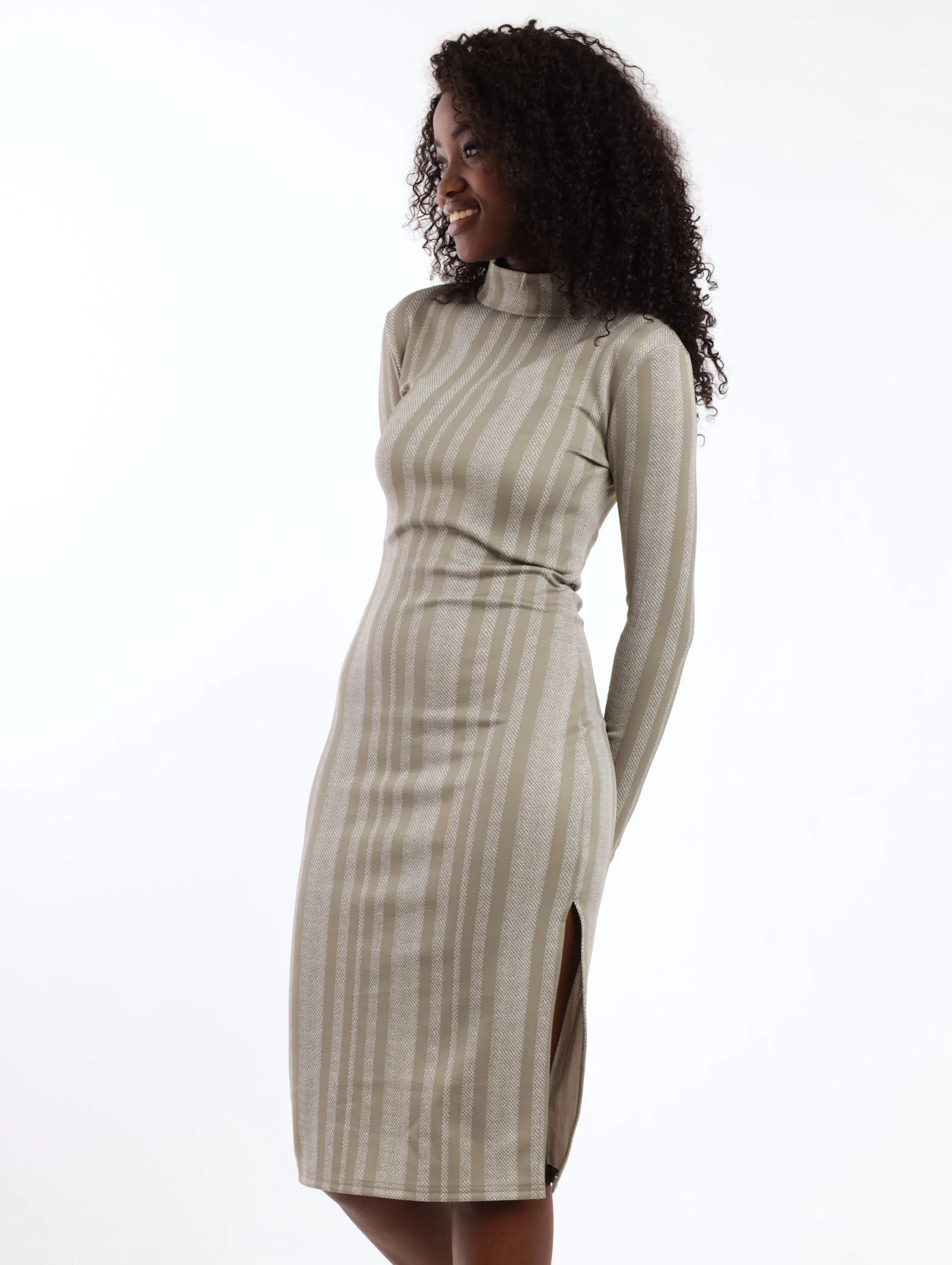 Long Sleeve Turtle Neck Striped Bodycon Dress - Image 3