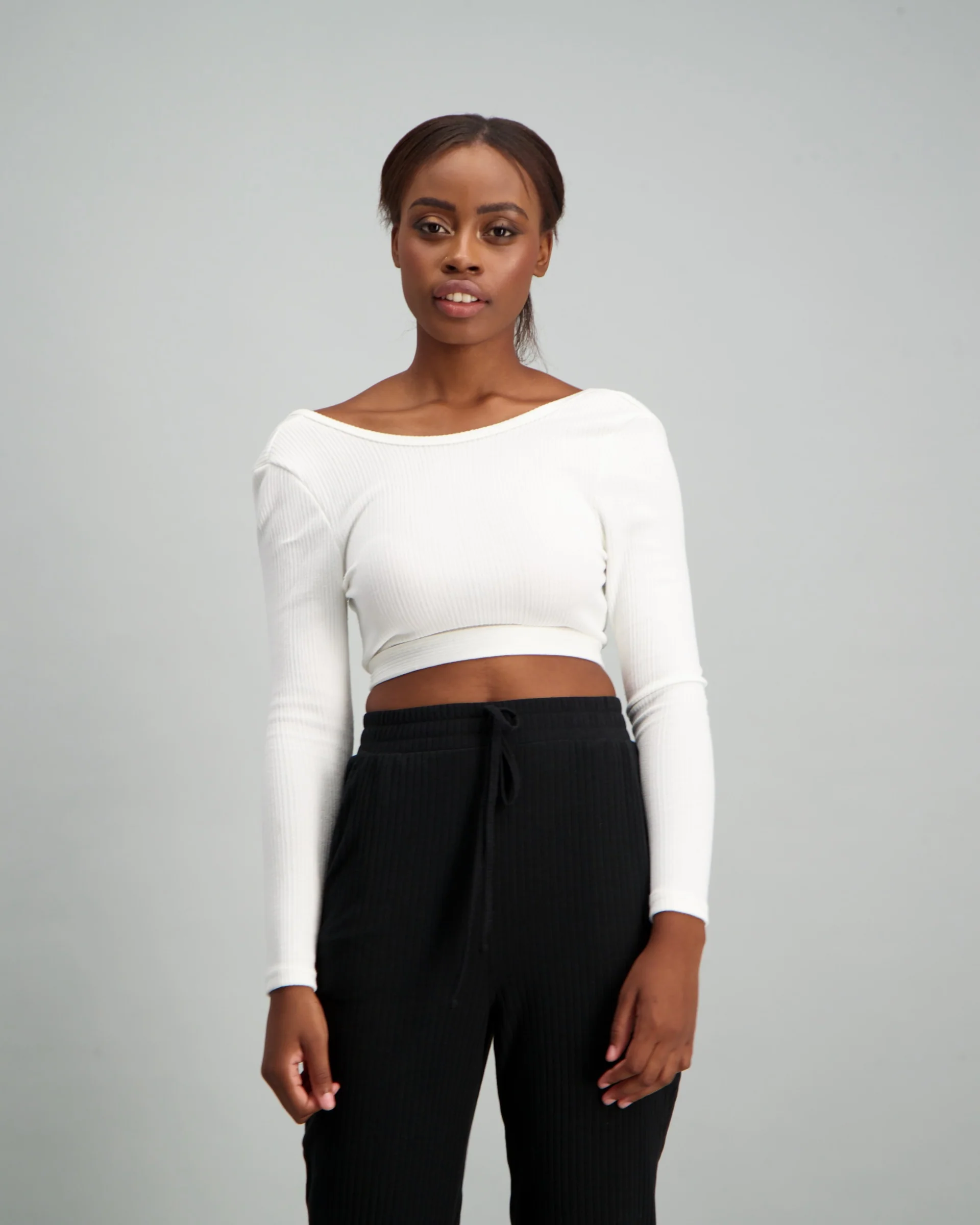 Long Sleeve V-Back Rib Top - White