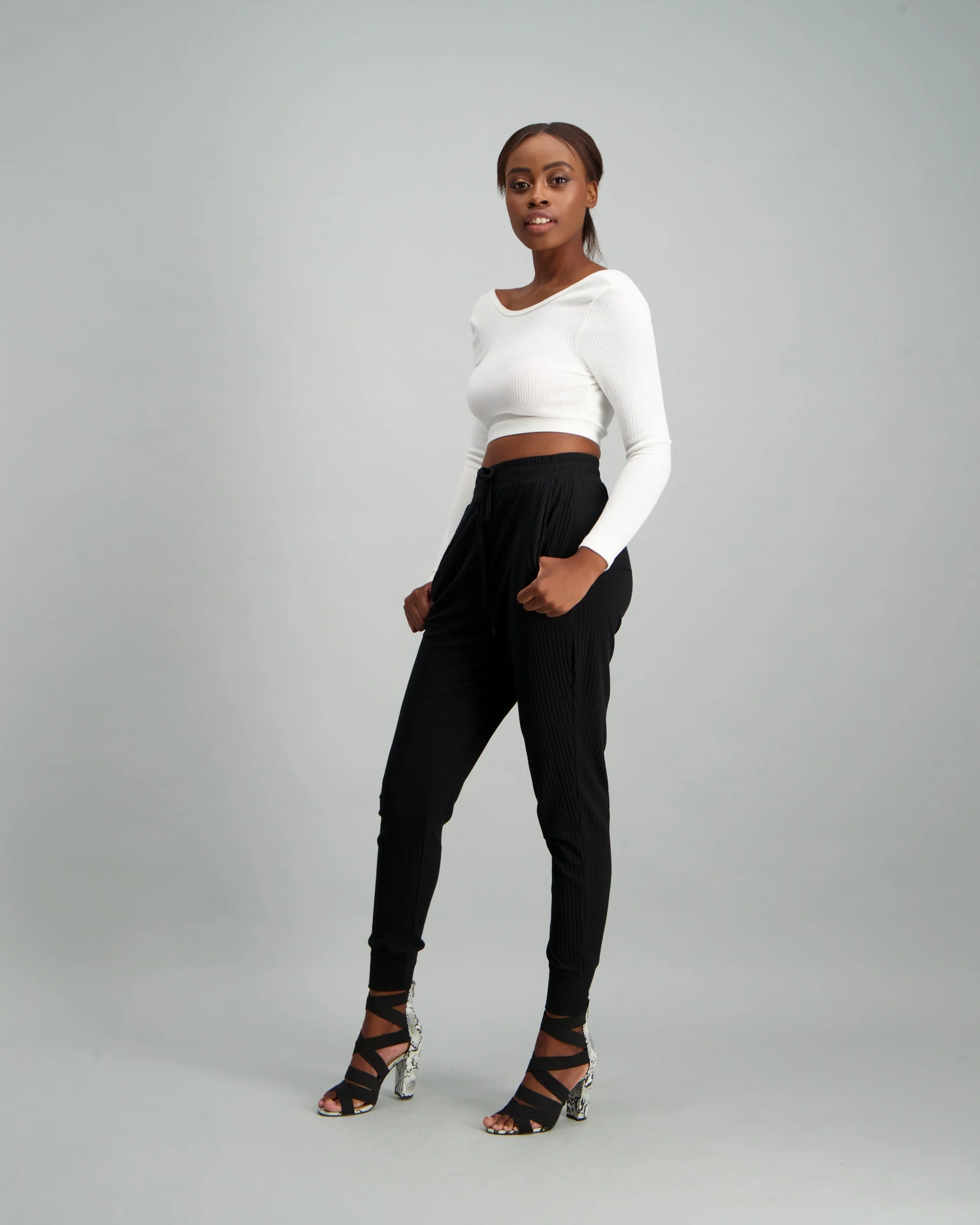 Long Sleeve V-Back Rib Top - White - Image 2