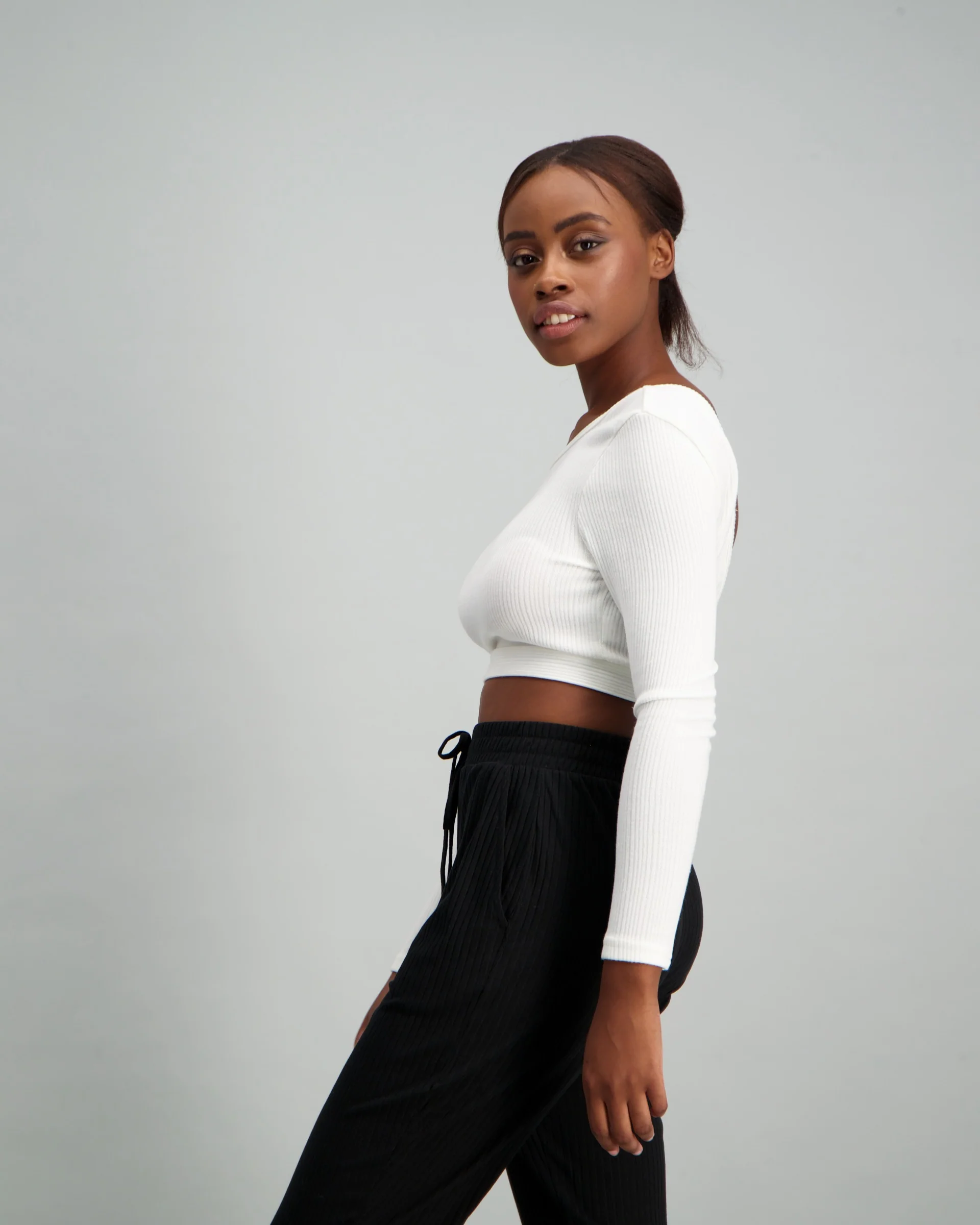 Long Sleeve V-Back Rib Top - White - Image 3