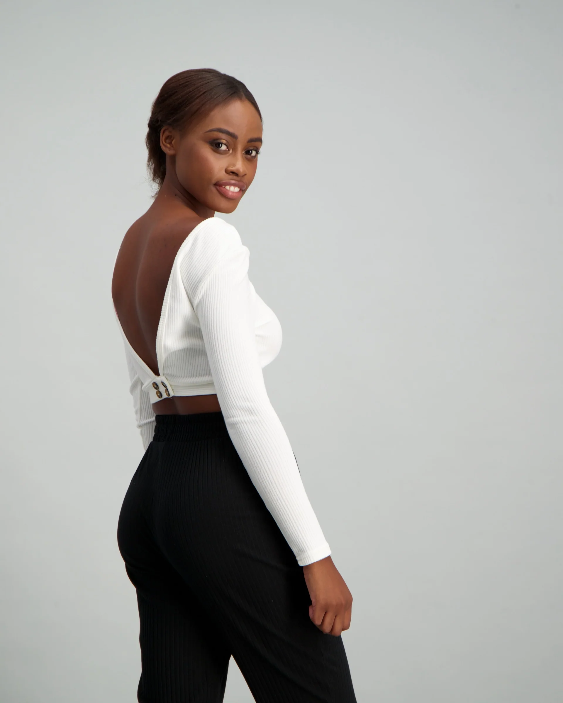 Long Sleeve V-Back Rib Top - White - Image 4
