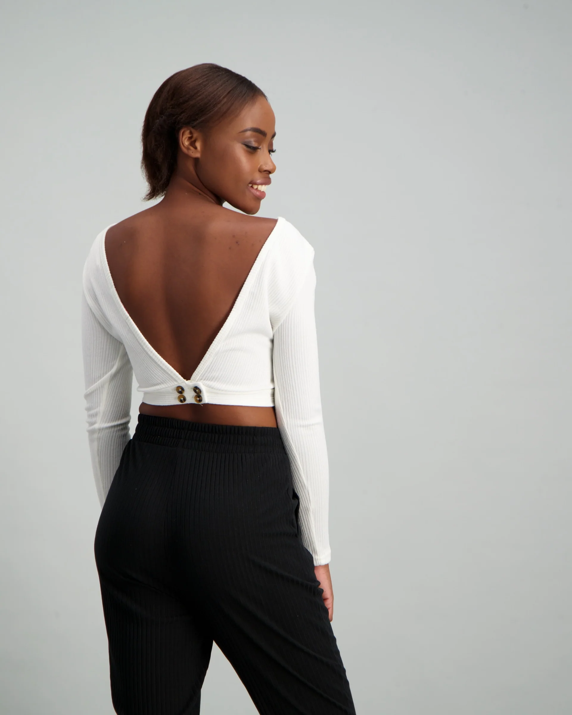 Long Sleeve V-Back Rib Top - White - Image 5