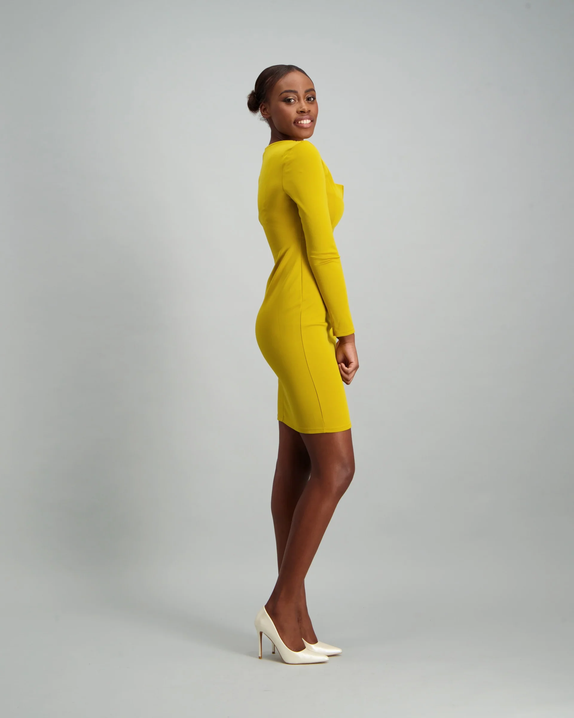 Long Sleeve V-Prong Bodycon Dress - Chartreuse - Image 2