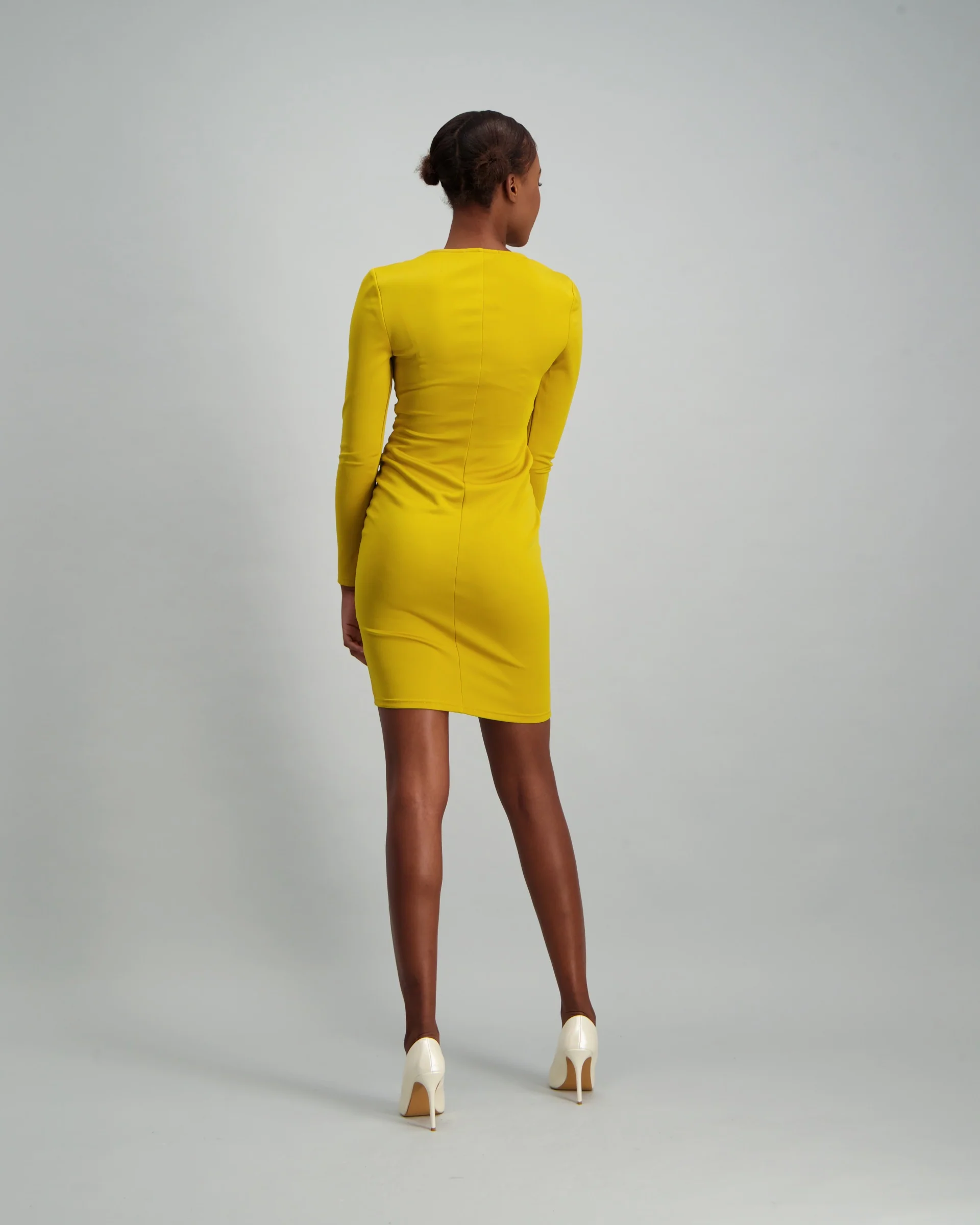 Long Sleeve V-Prong Bodycon Dress - Chartreuse - Image 3