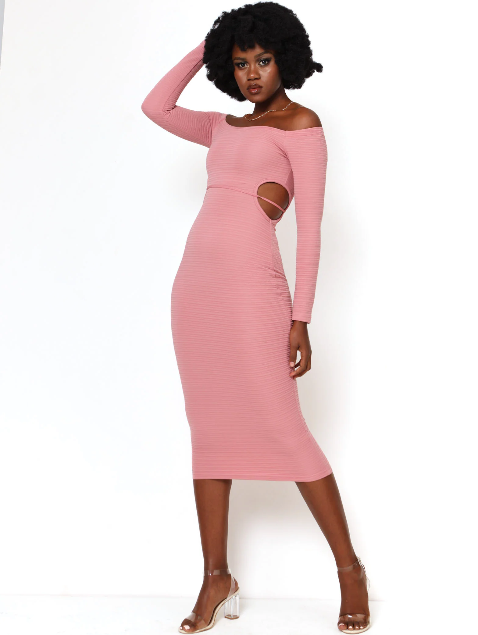 Long Sleeve Waist Peep Out Bodycon Dress - Blush - Image 2
