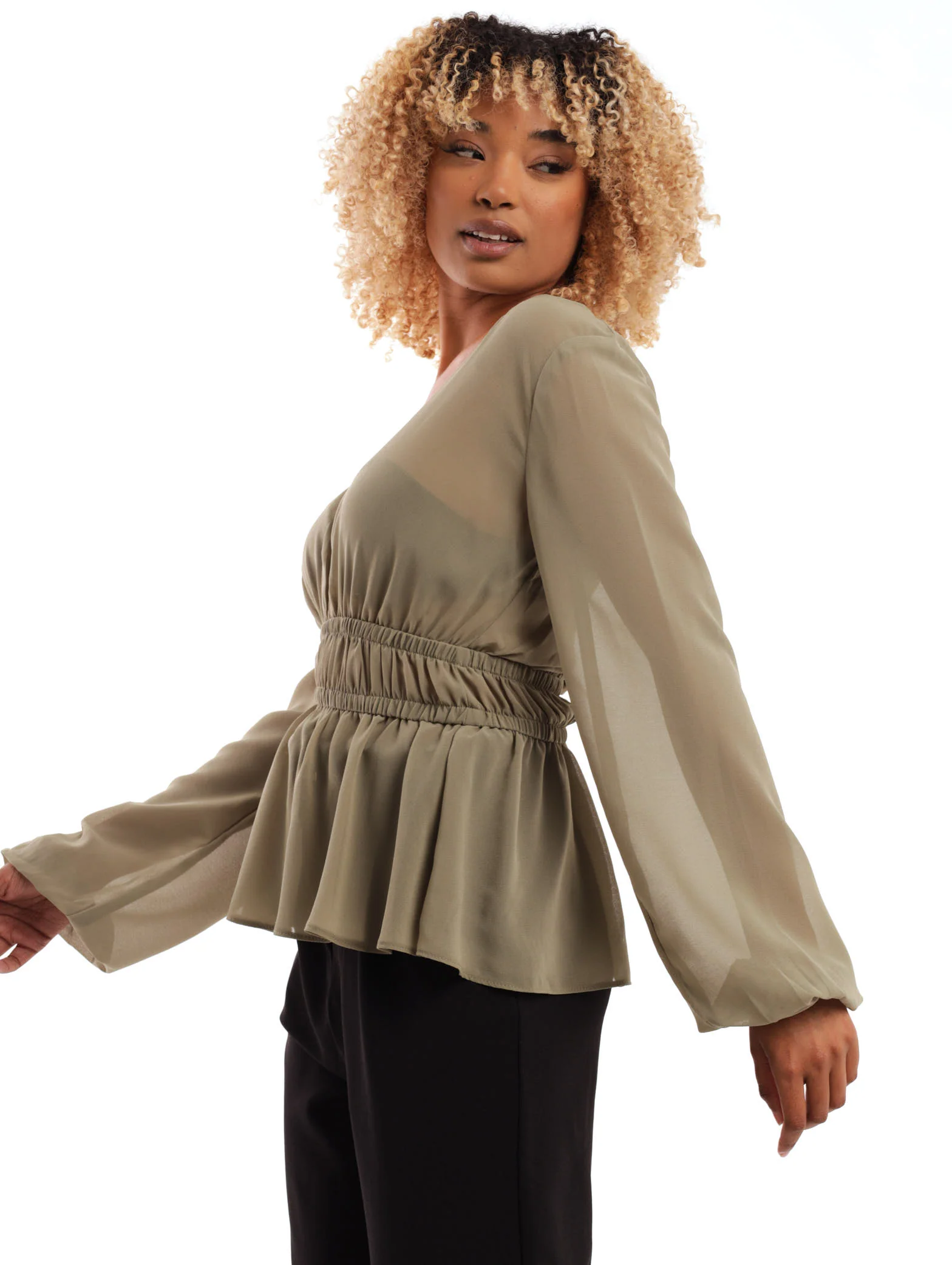 Long Sleeve Waist Tie Detail Top - Olive - Image 3