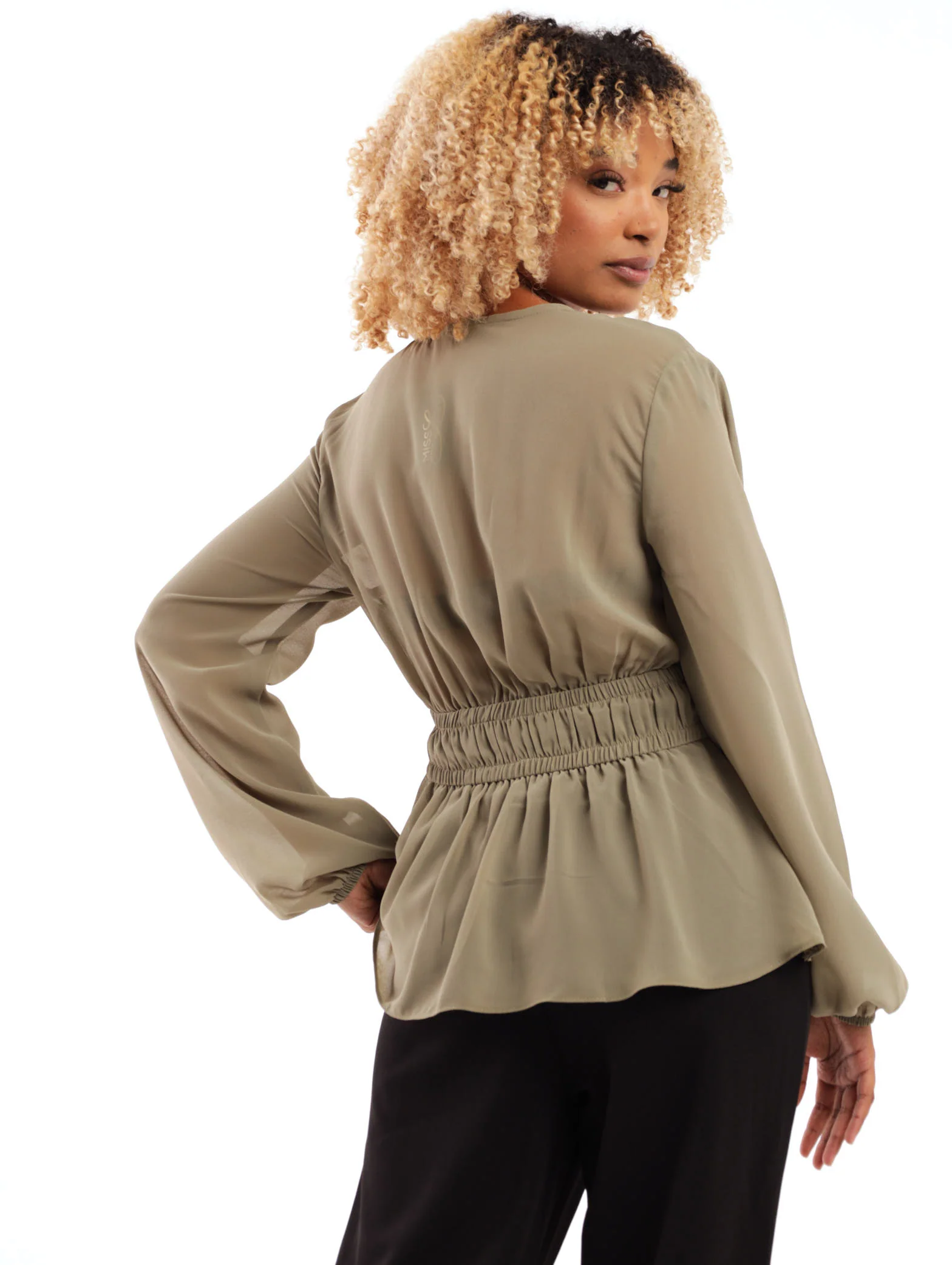 Long Sleeve Waist Tie Detail Top - Olive - Image 4