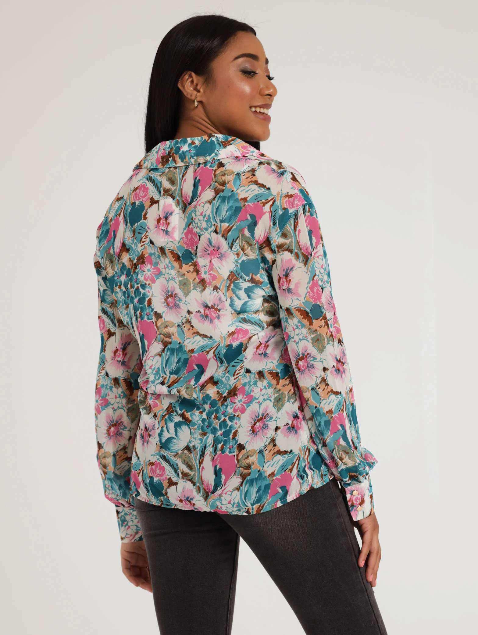 Long SLeeve Woven Floral Button Through Shirt - Pink - Image 4