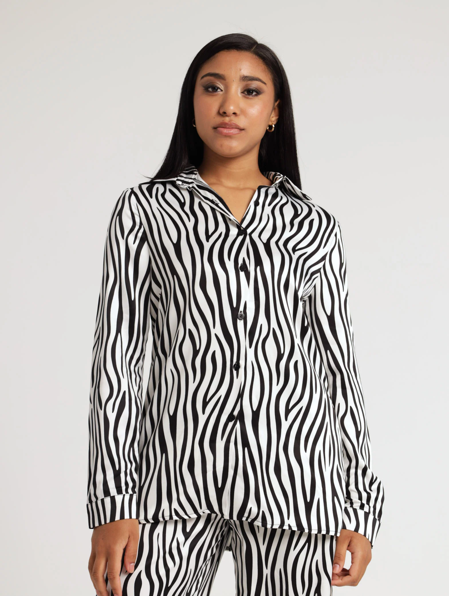 Long Sleeve Zebra Print Satin Shirt - Cream