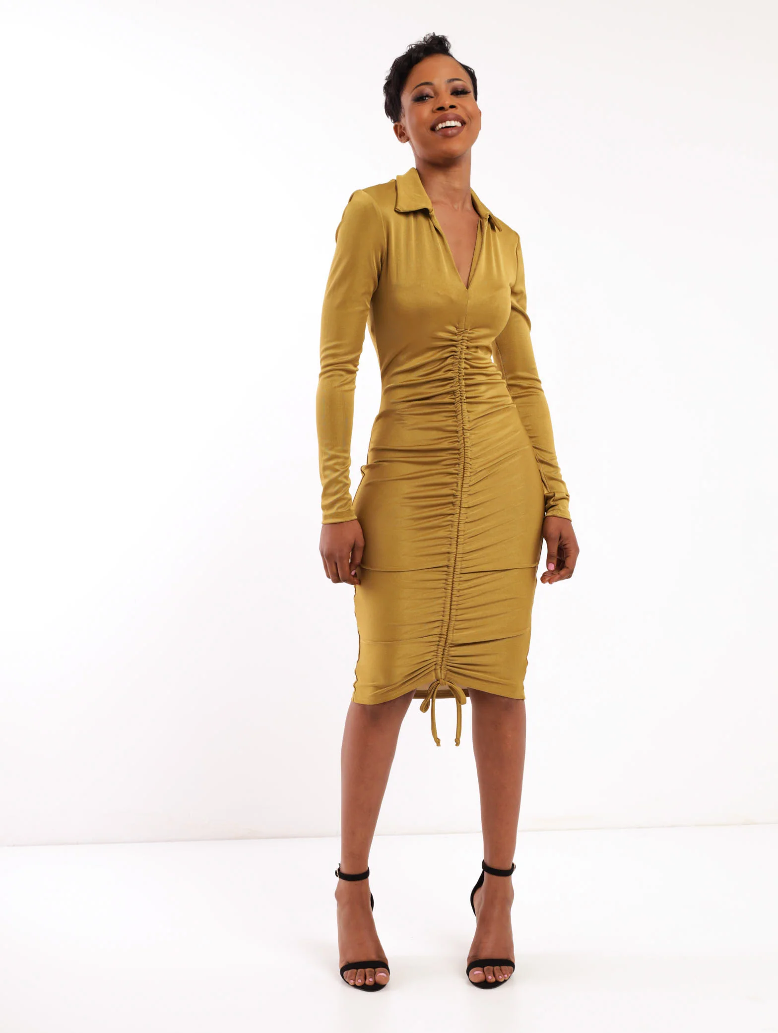 Long Sleeve Ruched Front Collared Bodycon Dress - Chartreuse - Image 2