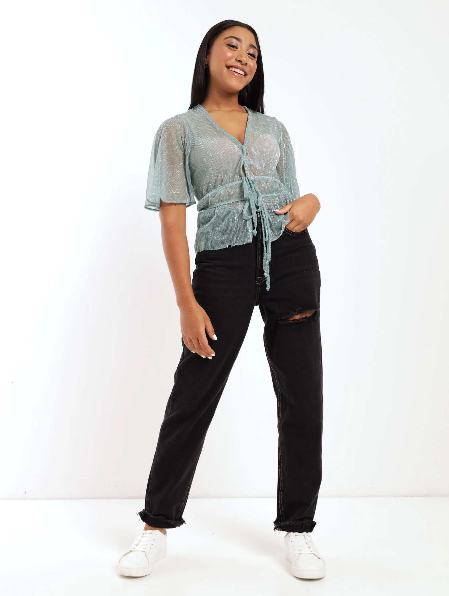 Lurex Crinkle Knit Tie-Front Blouse - Green - Image 2
