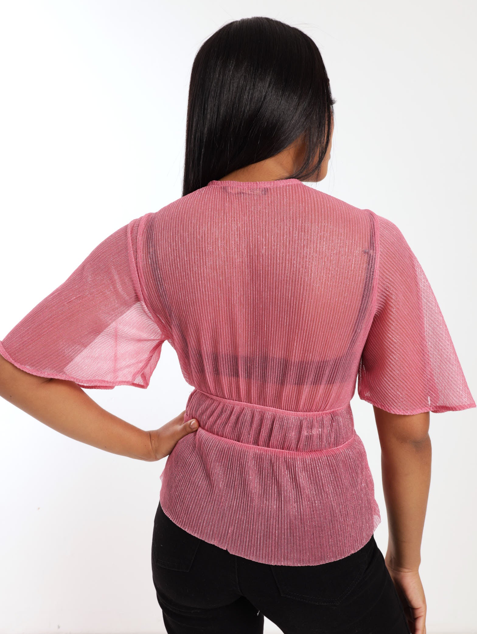 Lurex Crinkle Knit Tie-Front Blouse - Pink - Image 4