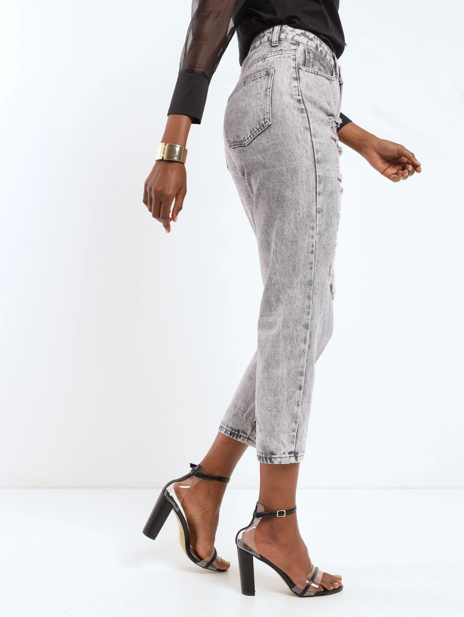 Marble Grey Heavily Abraised Denim Mom Jean - Image 2