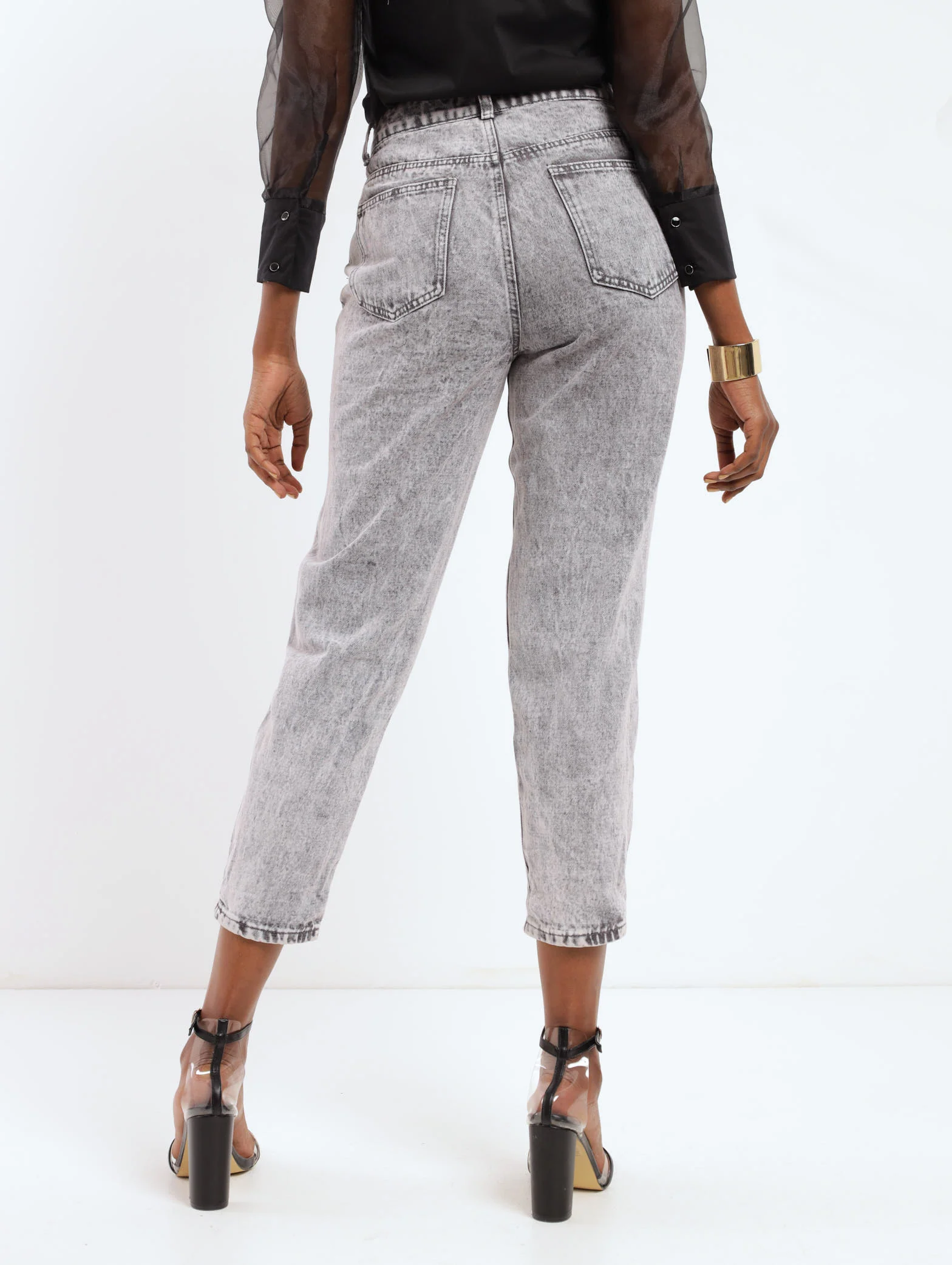Marble Grey Heavily Abraised Denim Mom Jean - Image 3