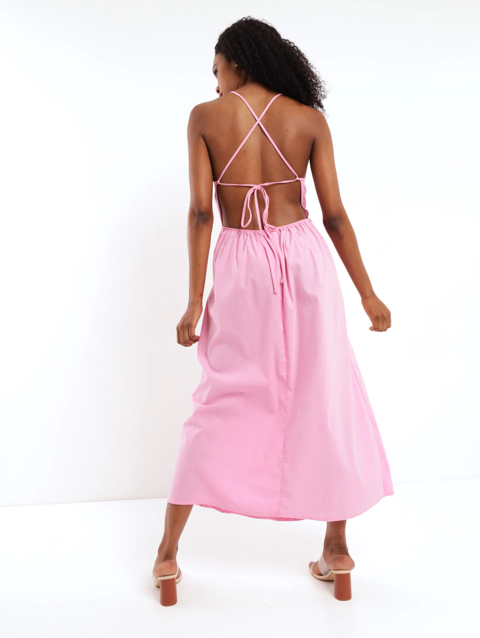 Maxi Linen Open Back Dress - Pink - Image 3