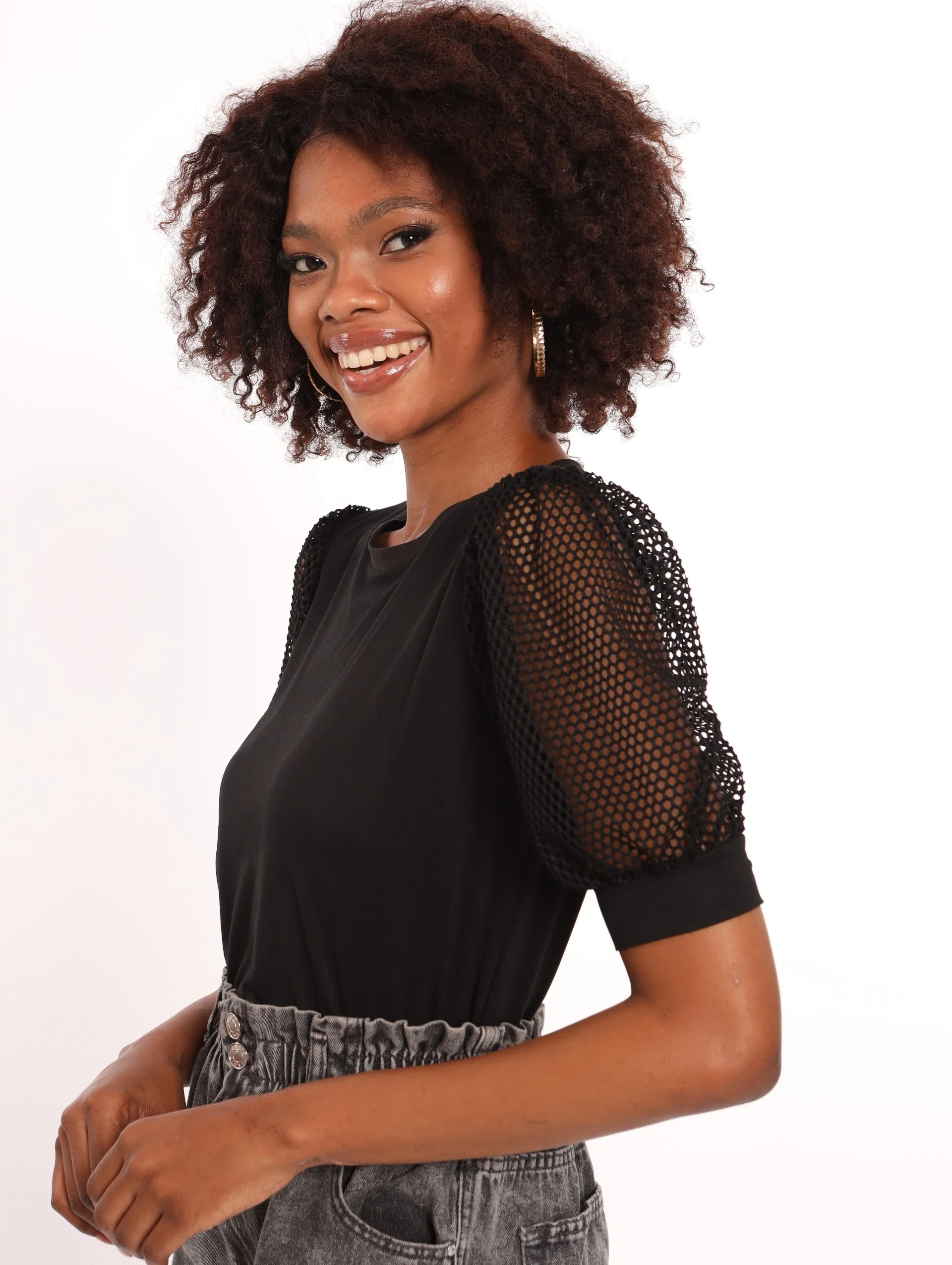 Mesh Bubble Sleeve Top - Black - Image 3