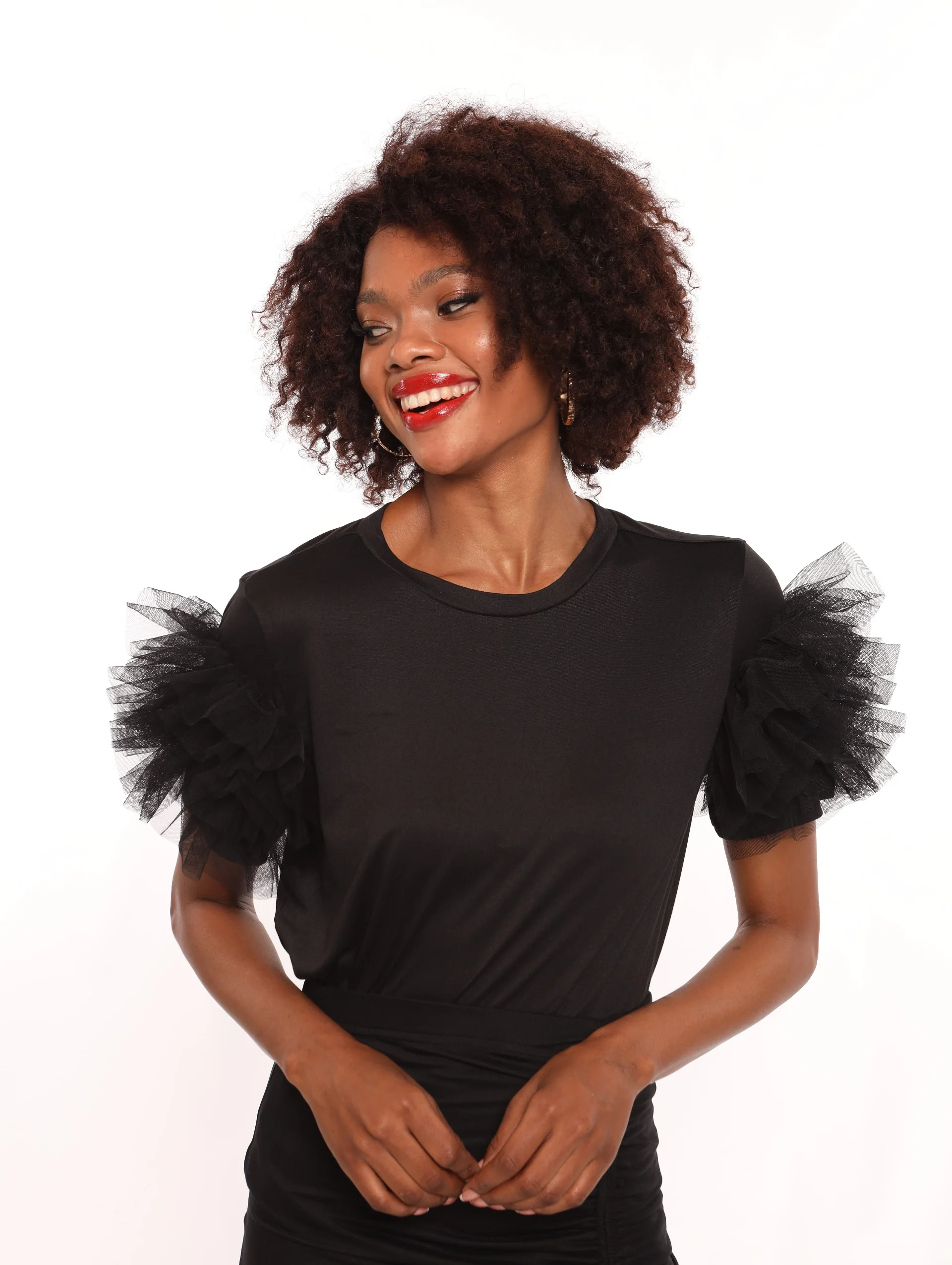 Mesh Frill Sleeve Top - Black