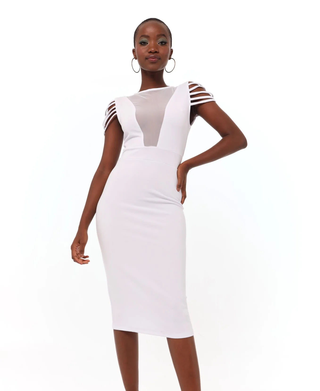 Mesh Inset Binding Arm Detail Dress - White