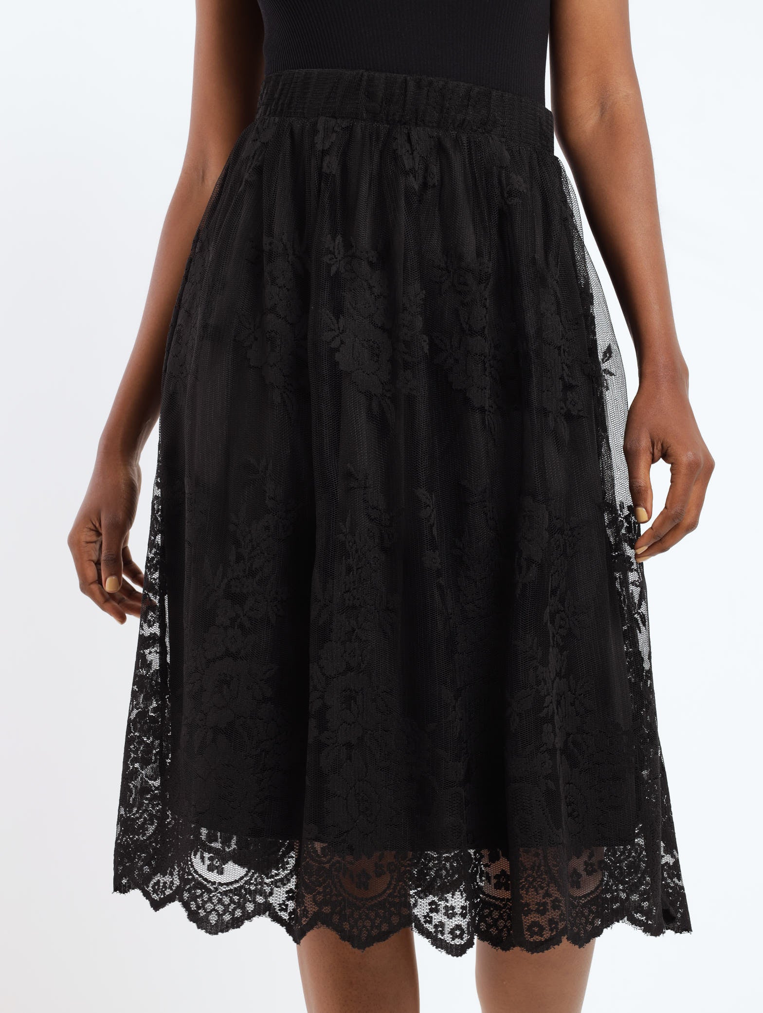 Mesh Lace Floral Midi Skirt - Black