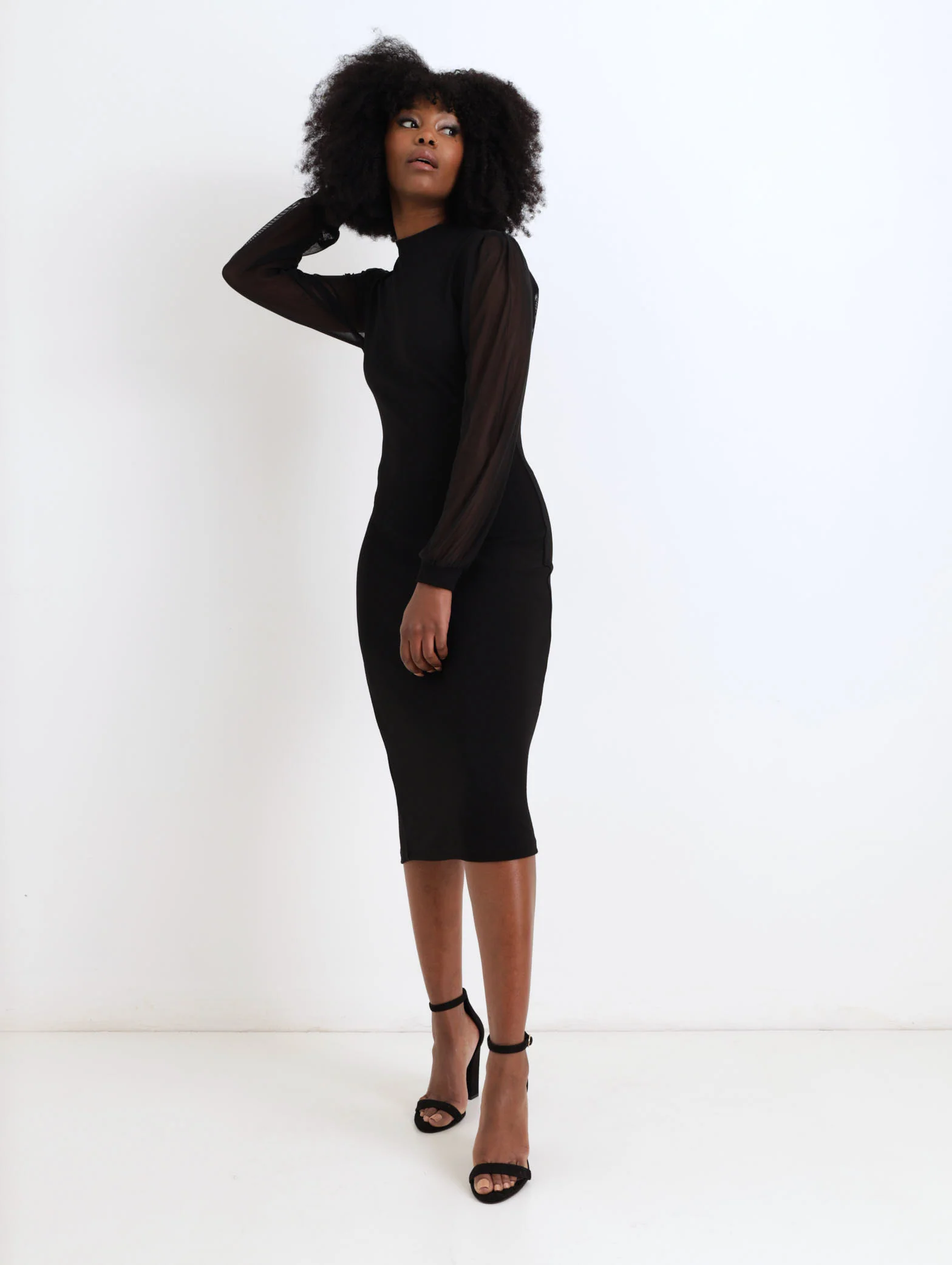 Mesh Long Sleeve Bodycon Dress - Black