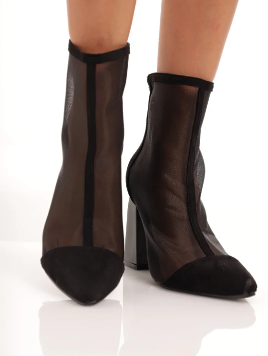Mesh Pointy High Ankle Boot On High Block Heel - Black