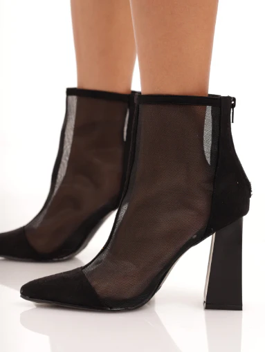 Mesh Pointy High Ankle Boot On High Block Heel - Black - Image 2