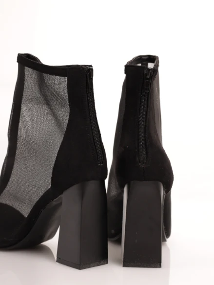 Mesh Pointy High Ankle Boot On High Block Heel - Black - Image 3