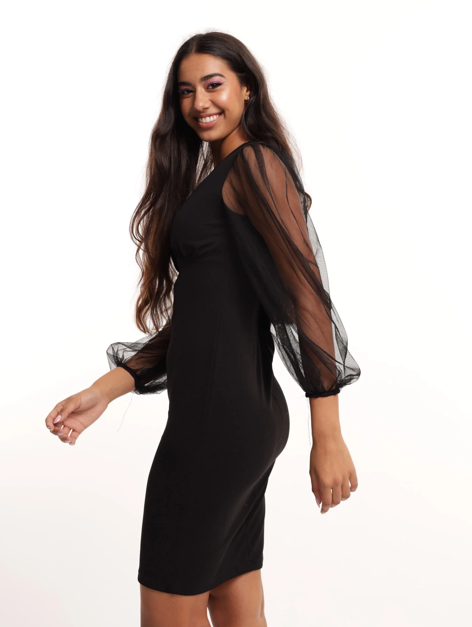 Mesh Sleeve Bodycon Dress - Black - Image 3