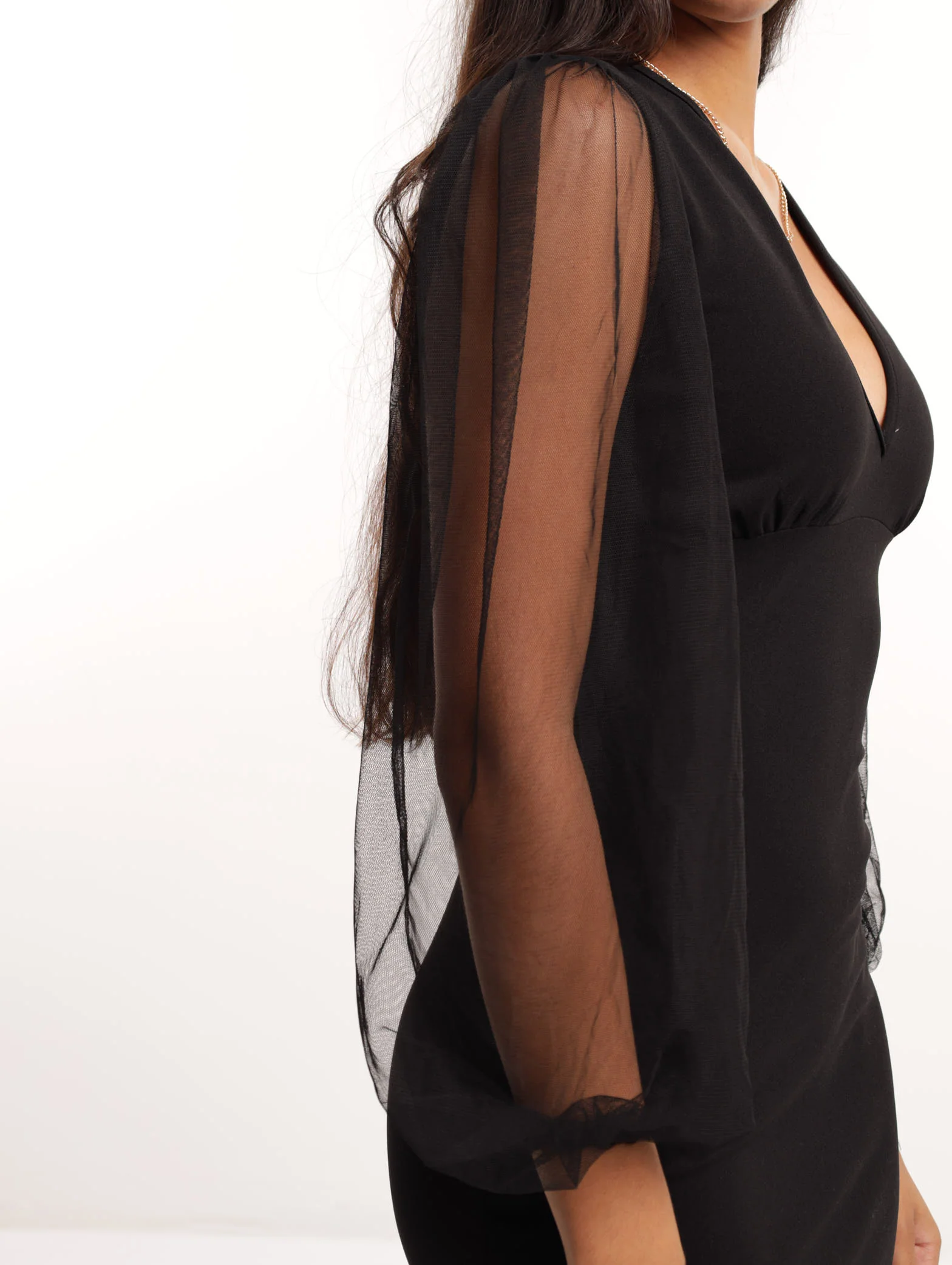 Mesh Sleeve Bodycon Dress - Black - Image 5