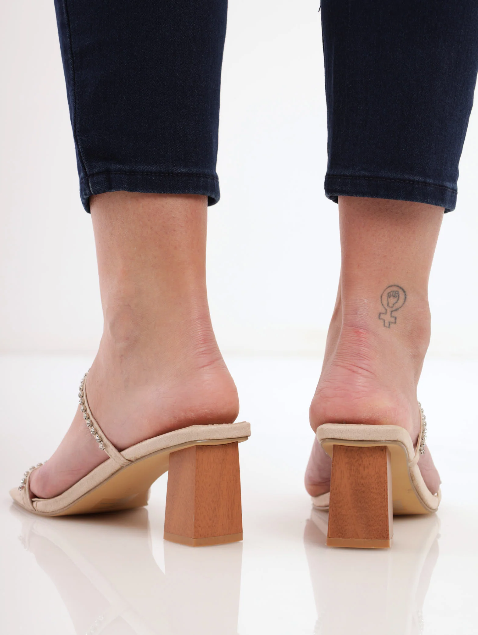 Mid Block Diamante Double Strap Heel - Natural - Image 3