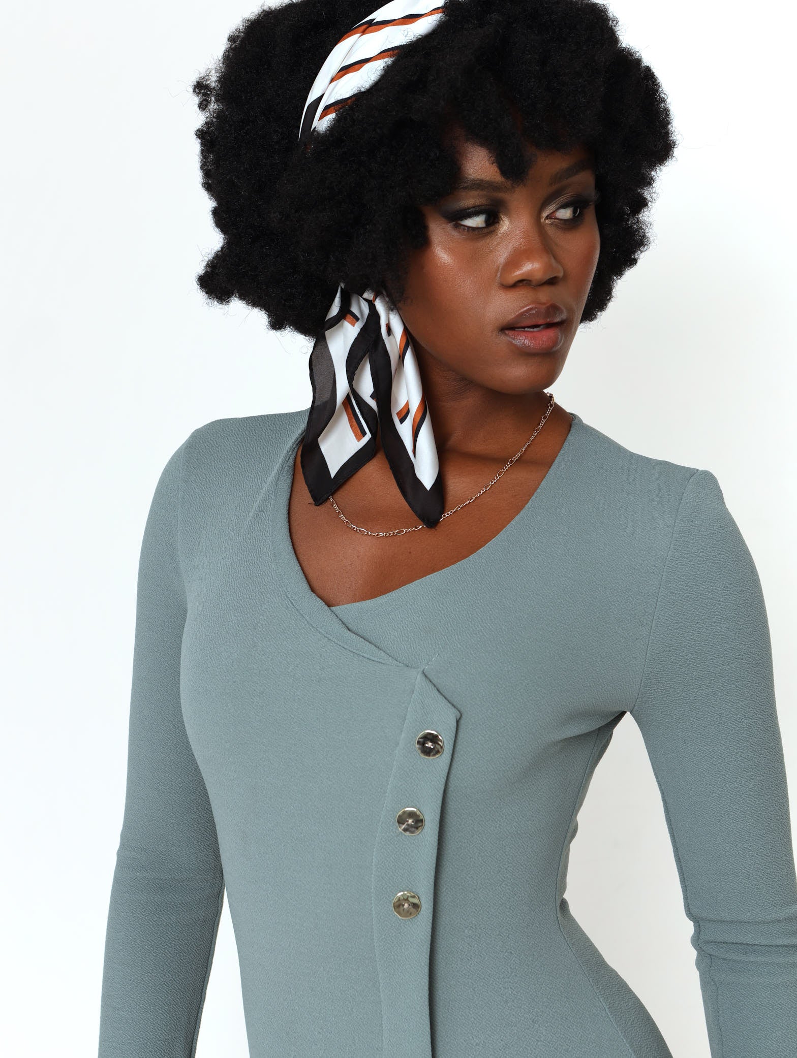 Mock Crossover Button Detail Dress - Sage - Image 5