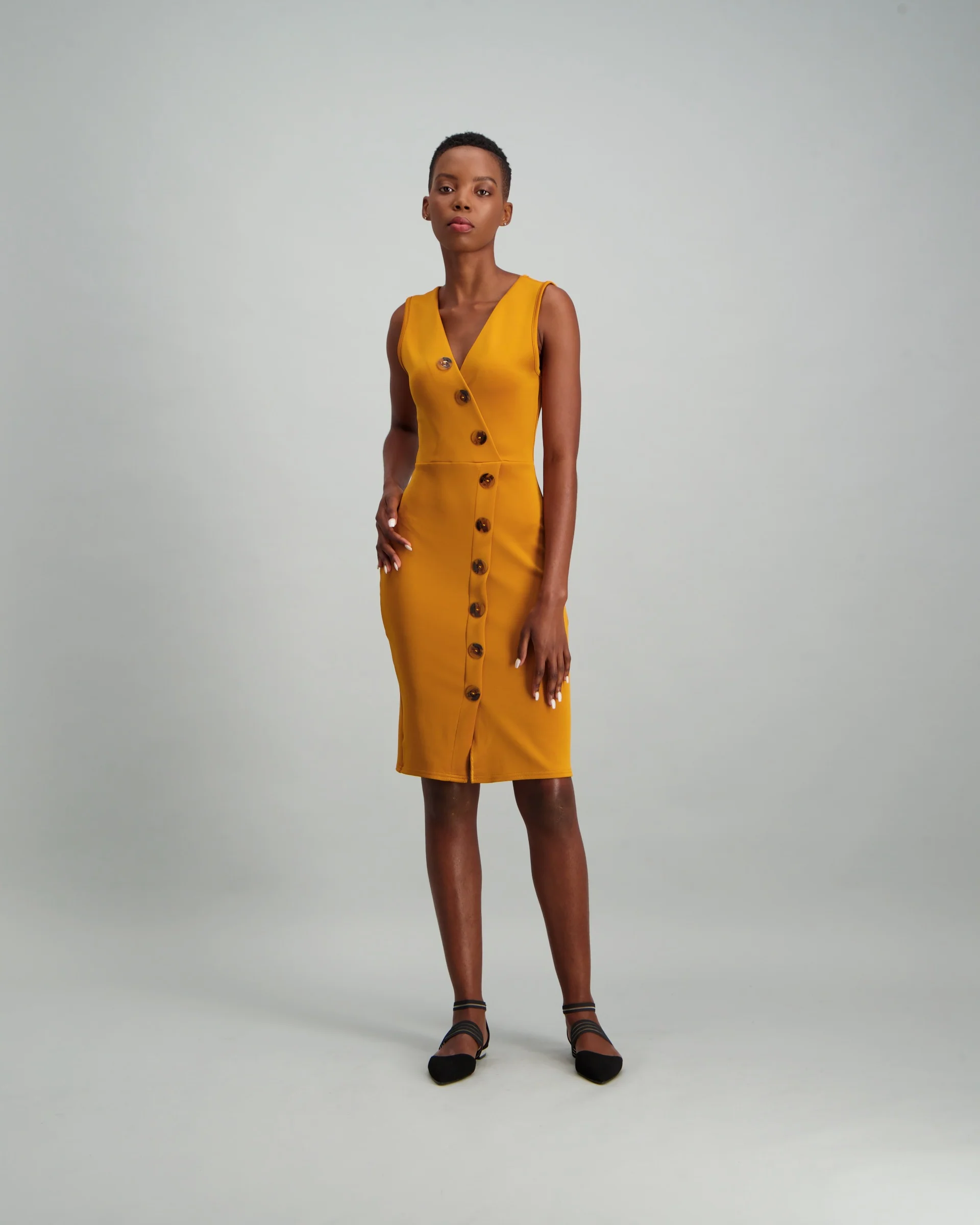 Mock Wrap Button Detail Bodycon - Mustard - Image 2