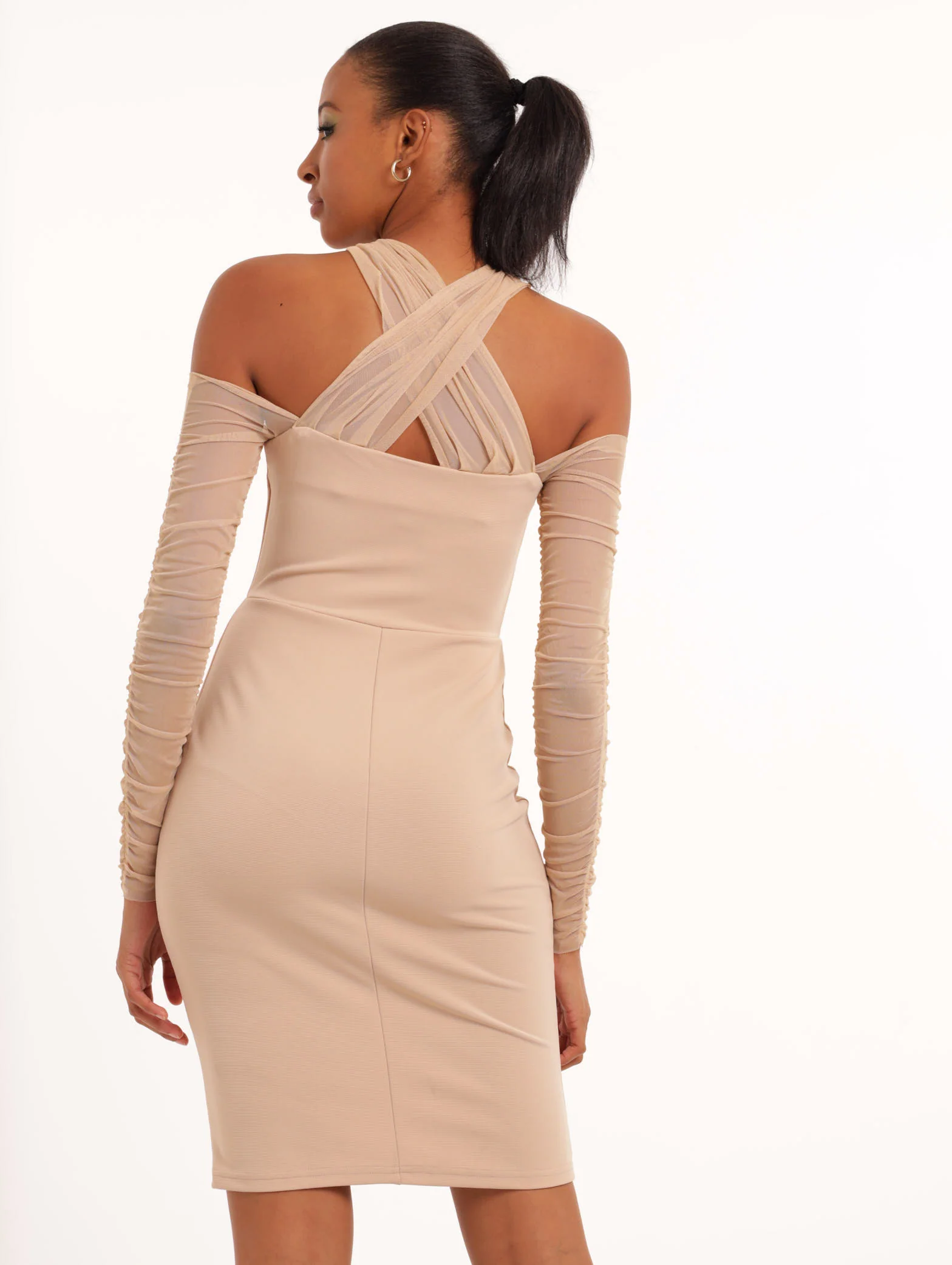 Off The Shoudler Mesh Sleeve Bodycon Dress - Stone - Image 4