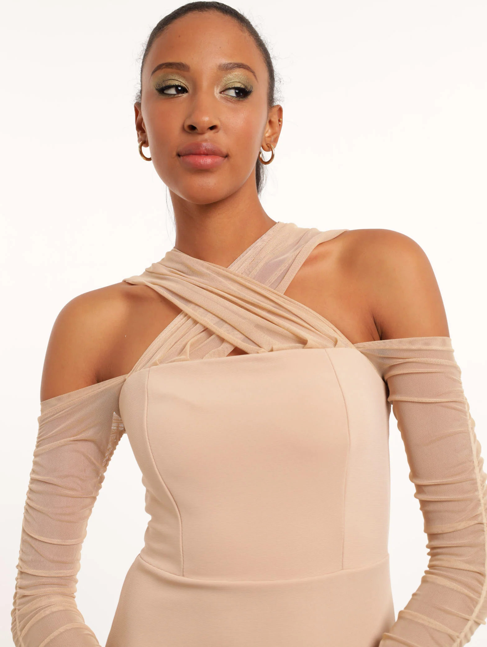Off The Shoudler Mesh Sleeve Bodycon Dress - Stone - Image 5