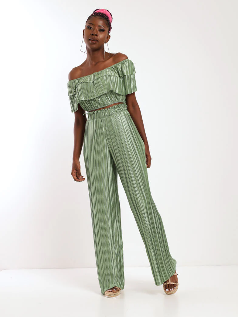 Off The Shoulder Double Layer Bodre Top - Sage - Image 2