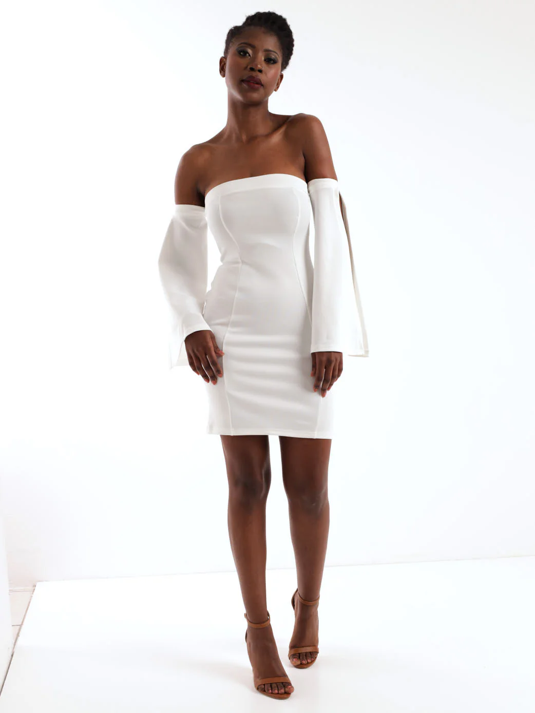 Off The Shoulder Flared Sleeve Mini Dress - White - Image 2