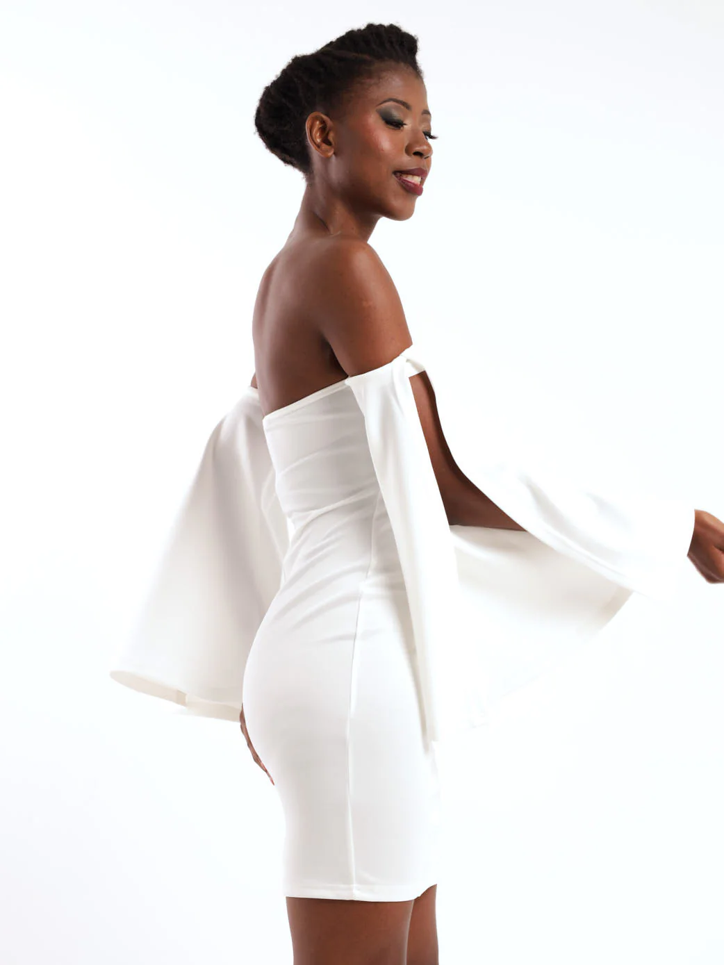 Off The Shoulder Flared Sleeve Mini Dress - White - Image 3
