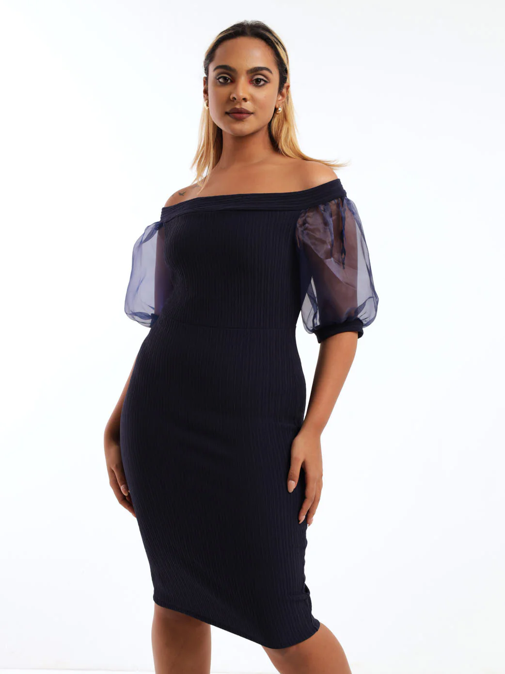 Off The Shoulder Organza Sleeve Dress - Navy