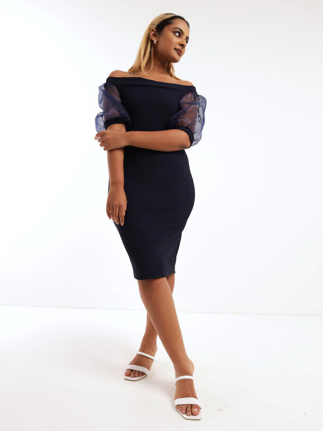 Off The Shoulder Organza Sleeve Dress - Navy - Image 2
