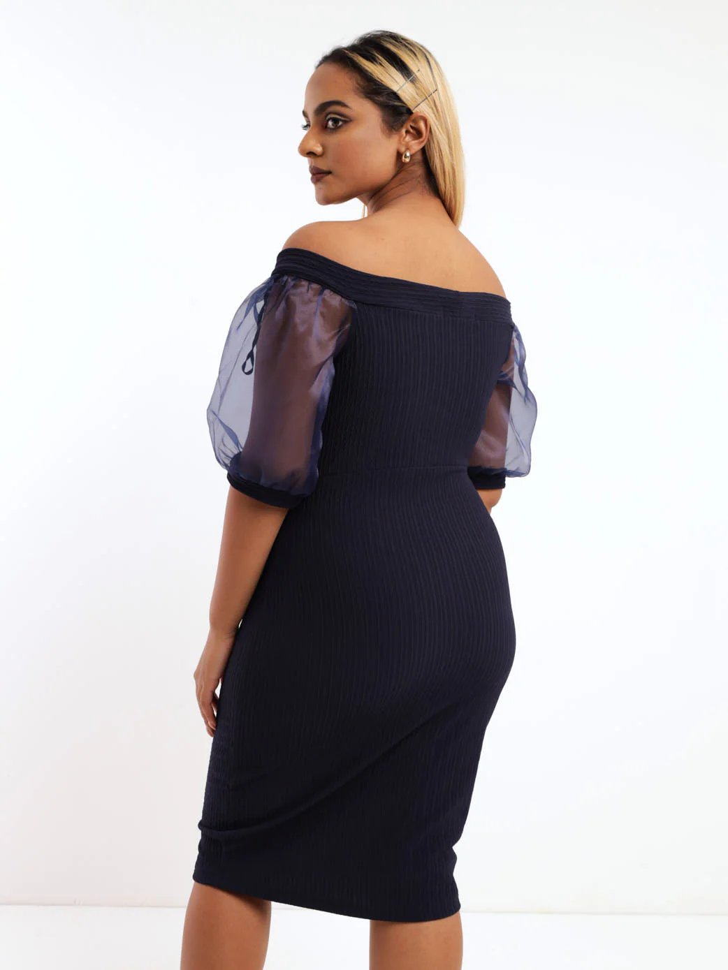 Off The Shoulder Organza Sleeve Dress - Navy - Image 4
