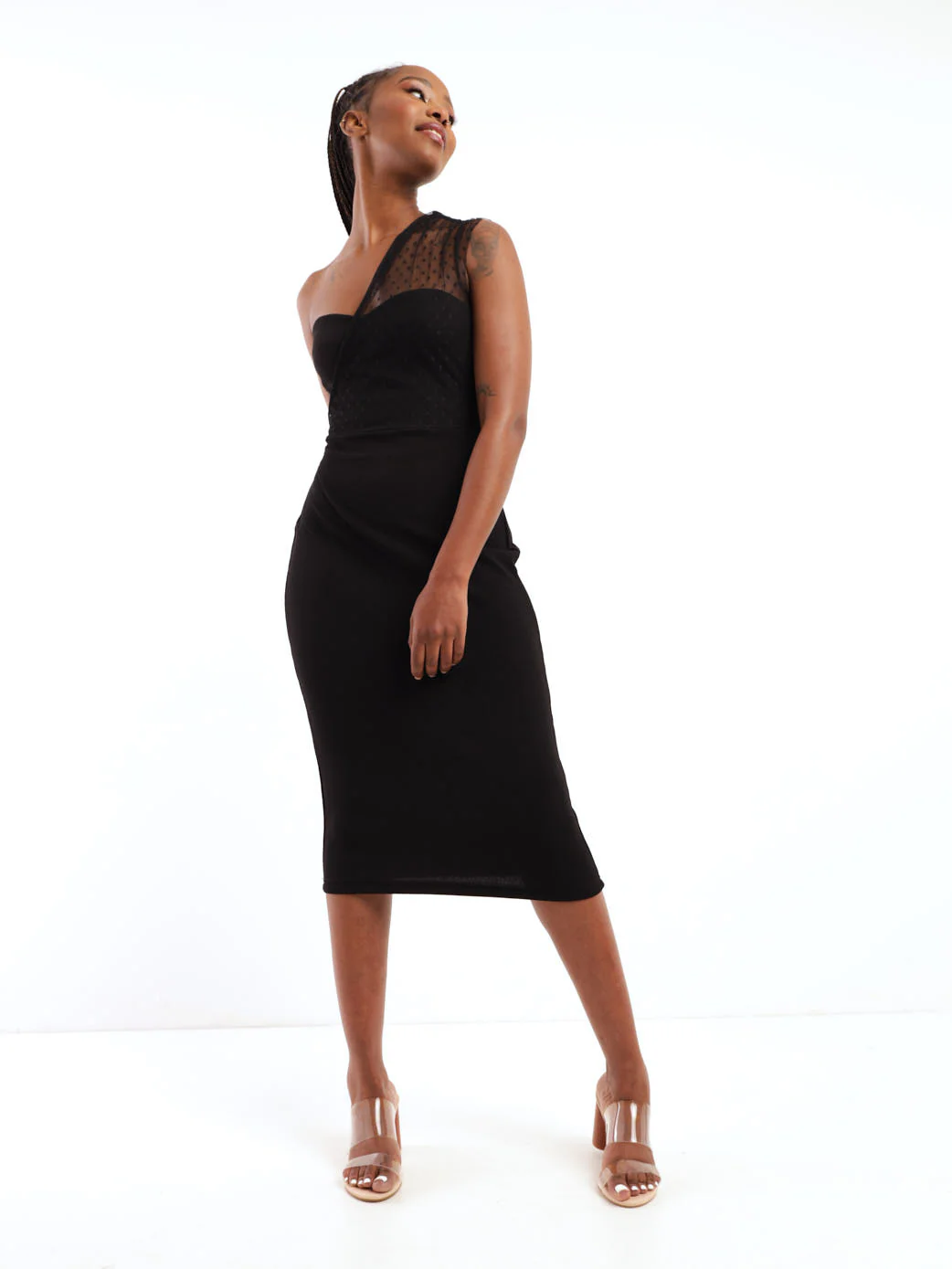One Shoulder Spot Mesh Midi Dress - Black - Image 2