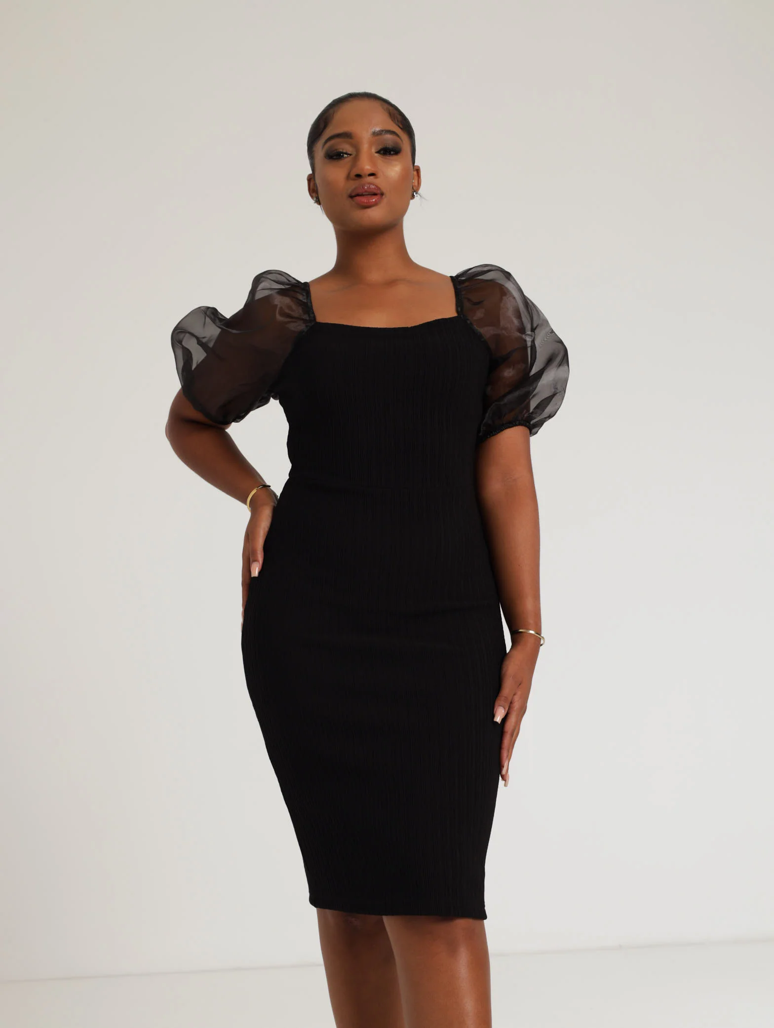 Ottoman Organza Sleeve Dress - Black